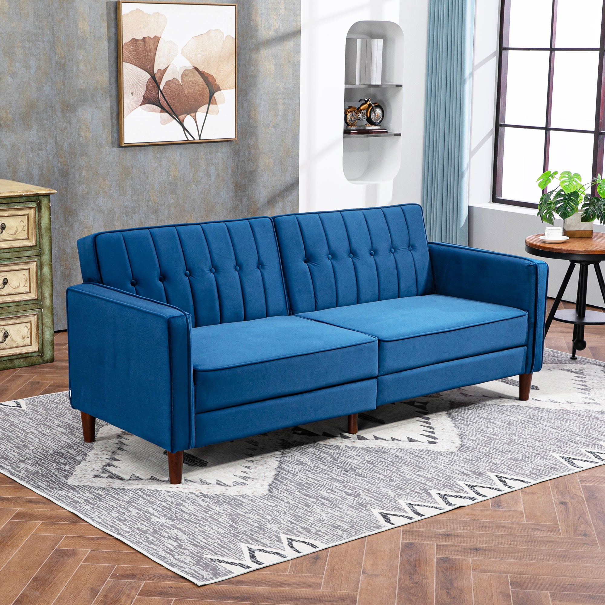 HOMCOM Modern 3 Seater Velvet Sofa Bed, Click Clack Sofa Bed, Button Tufted Sleeper Couch with Split Reclining Backrest and Rubber Wood Legs, Blue