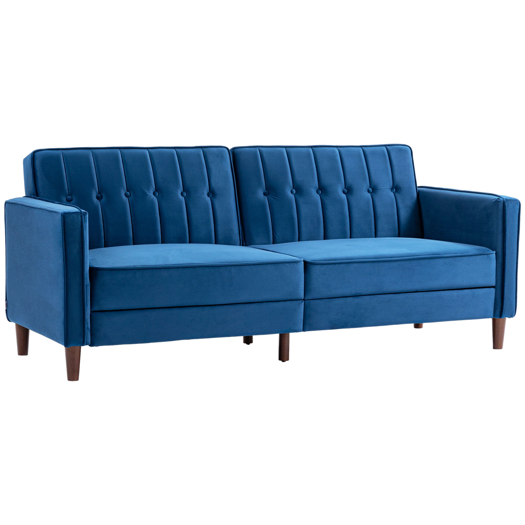 HOMCOM Modern 3 Seater Velvet Sofa Bed, Click Clack Sofa Bed, Button Tufted Sleeper Couch with Split Reclining Backrest and Rubber Wood Legs, Blue