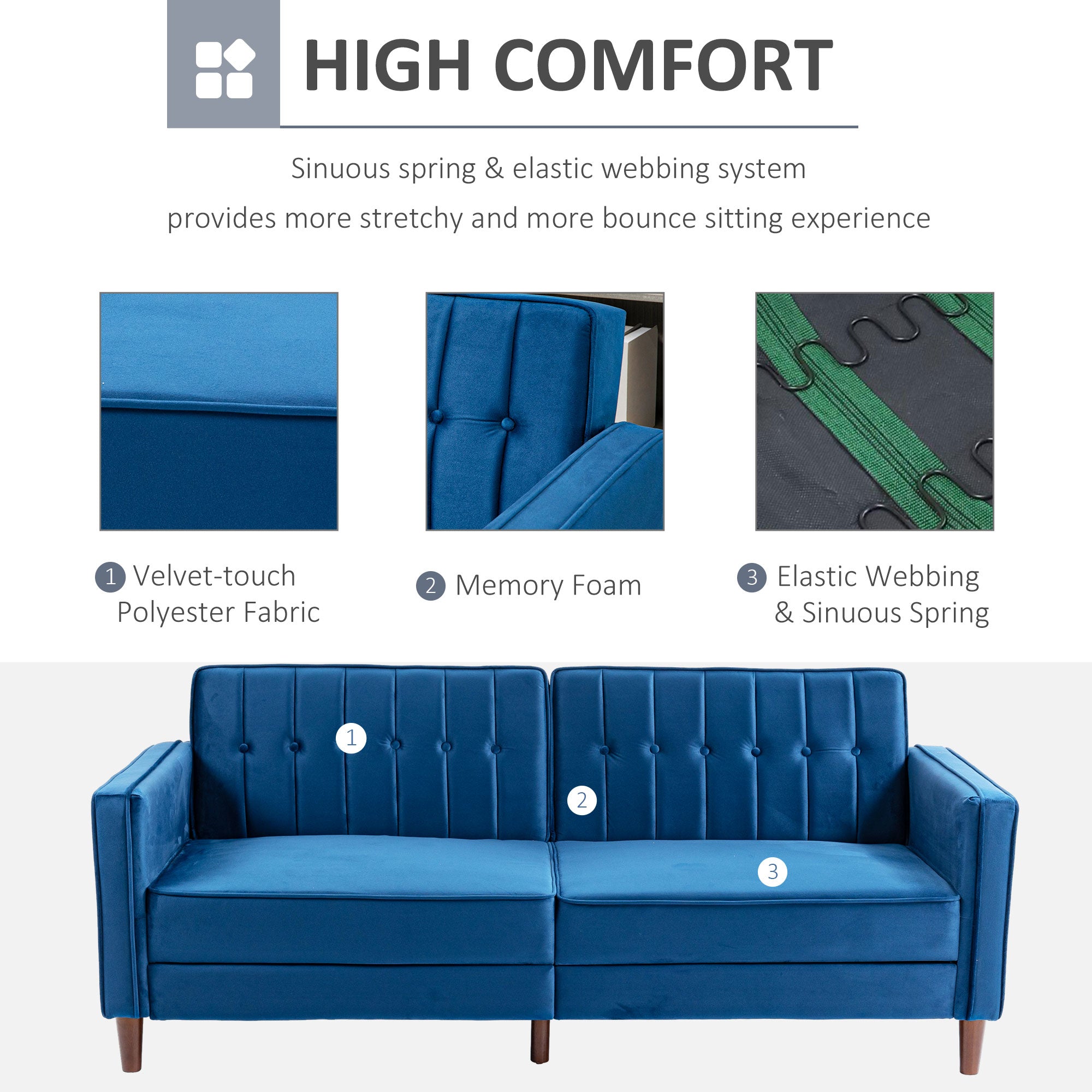 HOMCOM Modern 3 Seater Velvet Sofa Bed, Click Clack Sofa Bed, Button Tufted Sleeper Couch with Split Reclining Backrest and Rubber Wood Legs, Blue