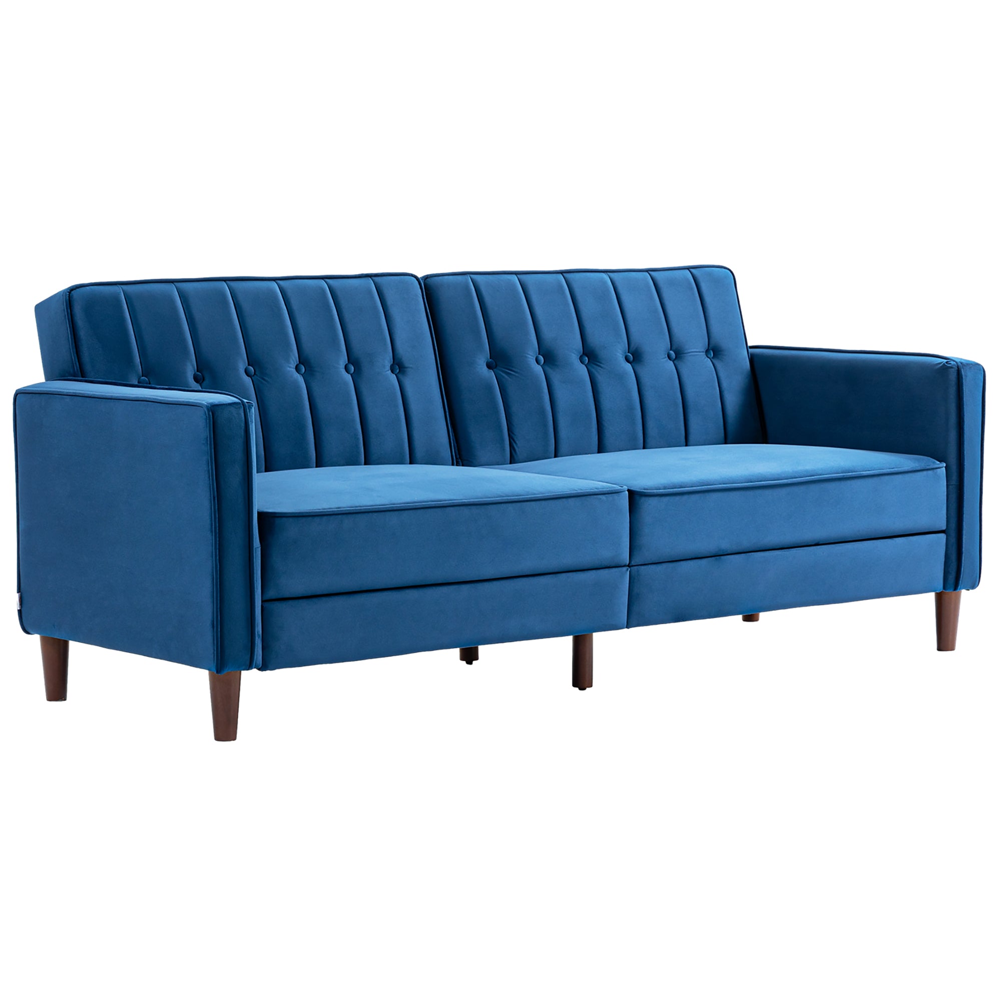 HOMCOM Modern 3 Seater Velvet Sofa Bed, Click Clack Sofa Bed, Button Tufted Sleeper Couch with Split Reclining Backrest and Rubber Wood Legs, Blue