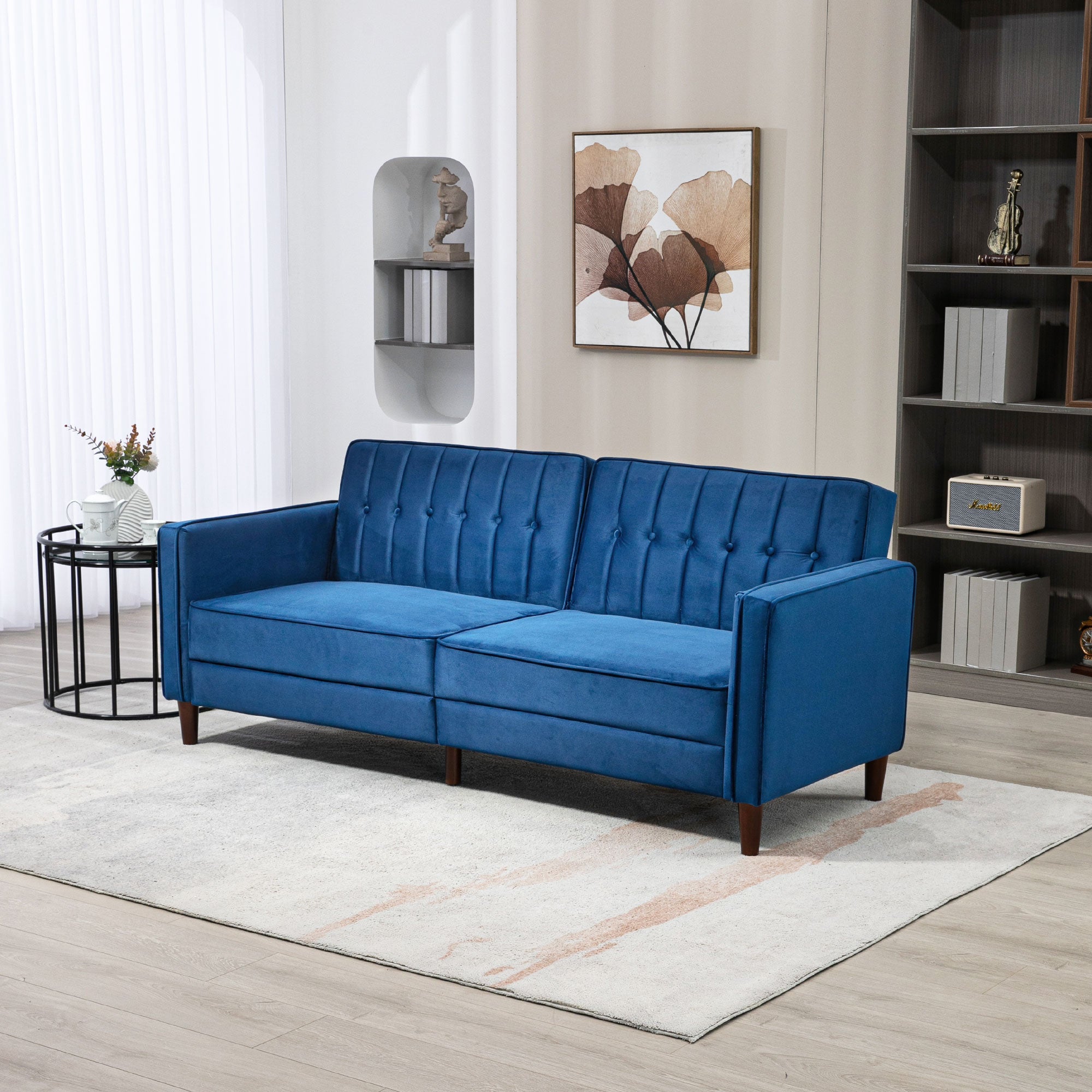 HOMCOM Modern 3 Seater Velvet Sofa Bed, Click Clack Sofa Bed, Button Tufted Sleeper Couch with Split Reclining Backrest and Rubber Wood Legs, Blue