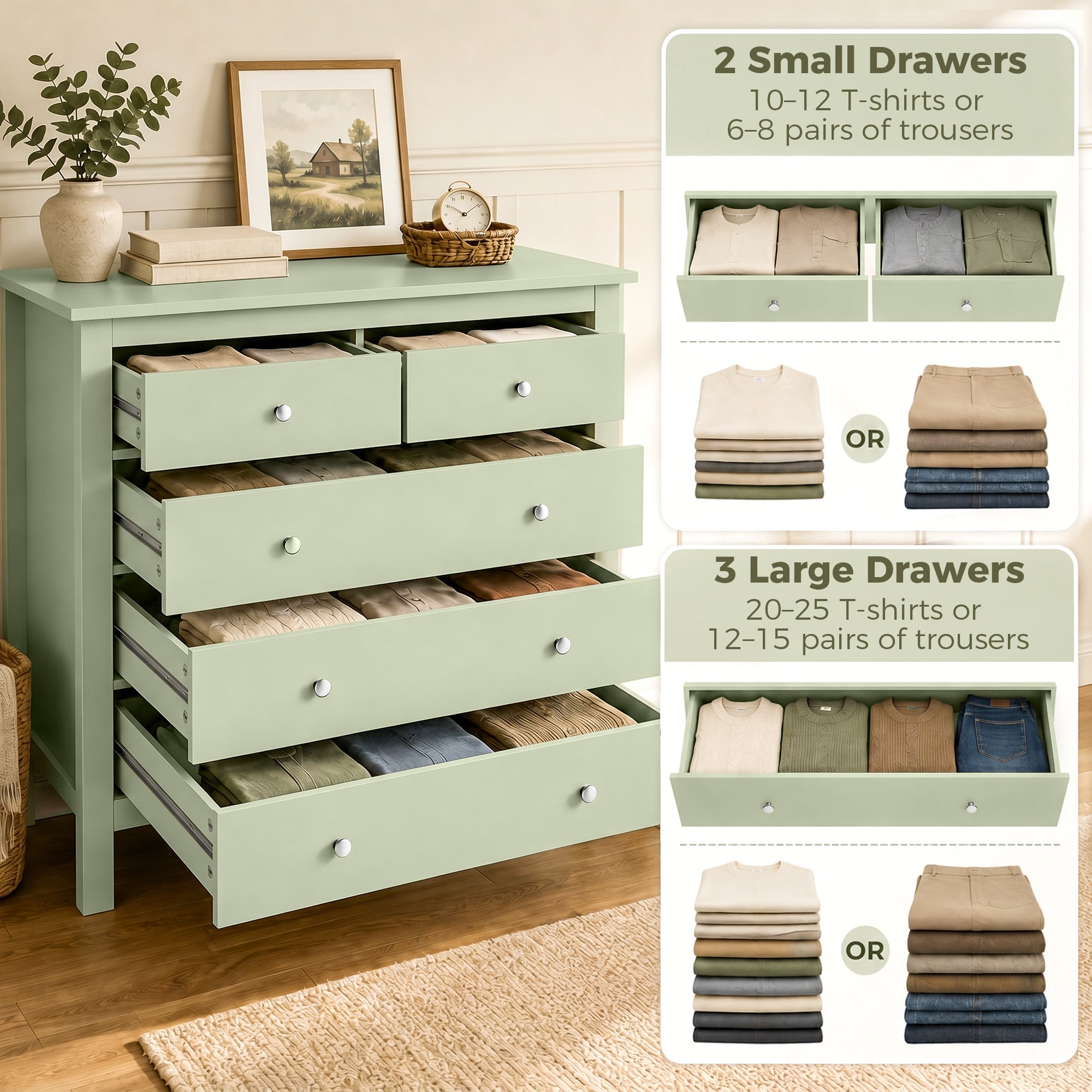 5 Drawer Chest of Drawers, Modern Dresser for Bedroom, Bedside Storage Cabinet, Wide Storage Unit with Glide Runners for Living Room, Hallway, Closet, 79 x 39.5 x 80.5 cm, Sage Green