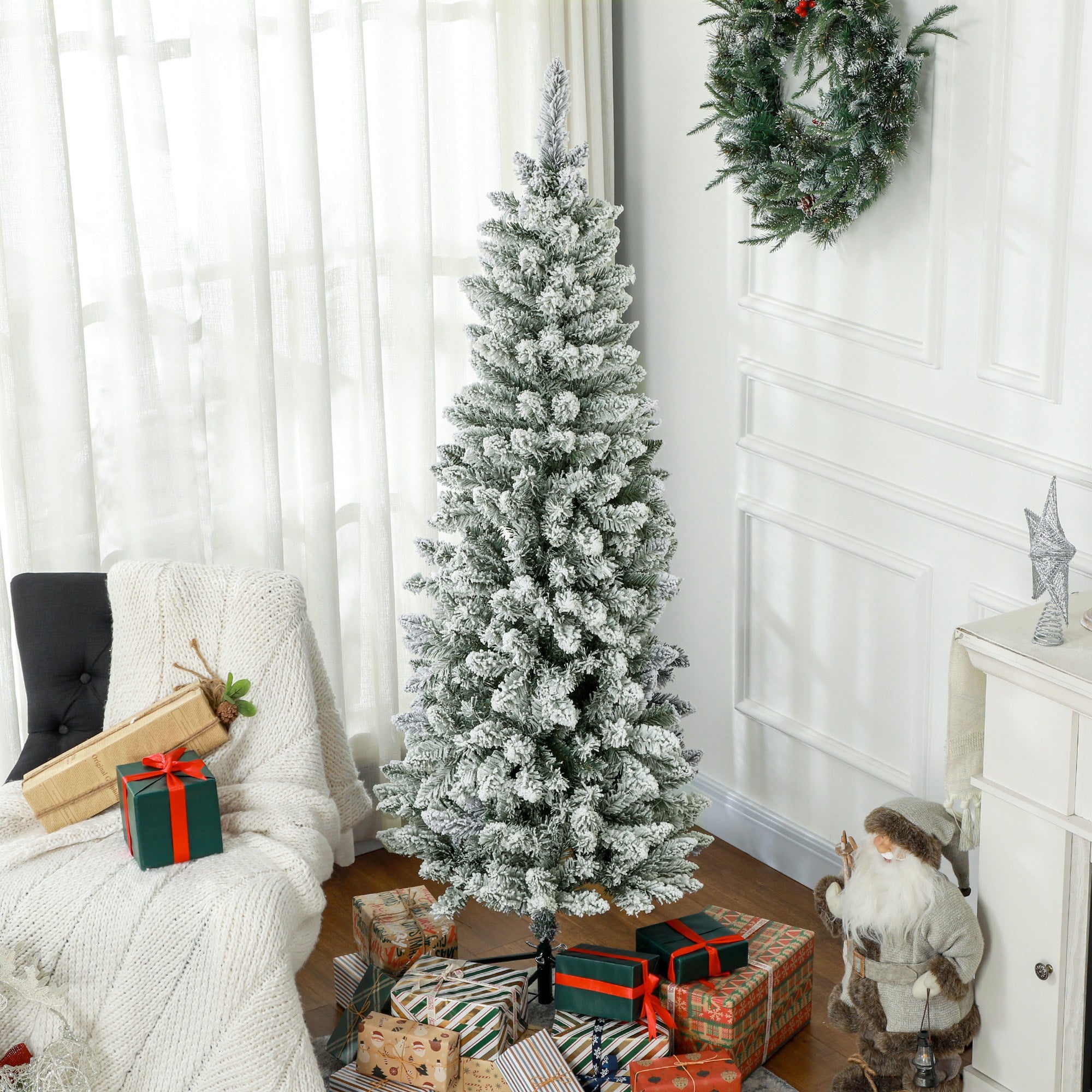 HOMCOM 6ft Tall Pencil Christmas Tree, Artificial Flocked Christmas Tree with 479 Branch Tips and Steel Base, Holiday Décor for Home Office, Green