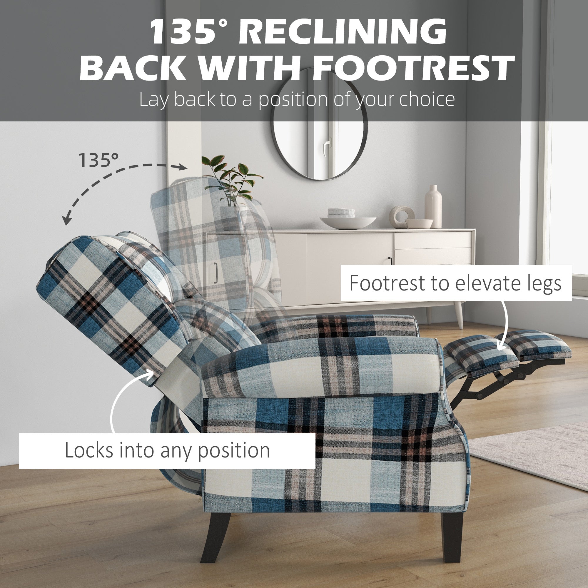 HOMCOM Wingback Reclining Armchair for Living Room, Pushback Recliner Chair with Footrest, Round Armrests and Rubber Wood Legs, Blue