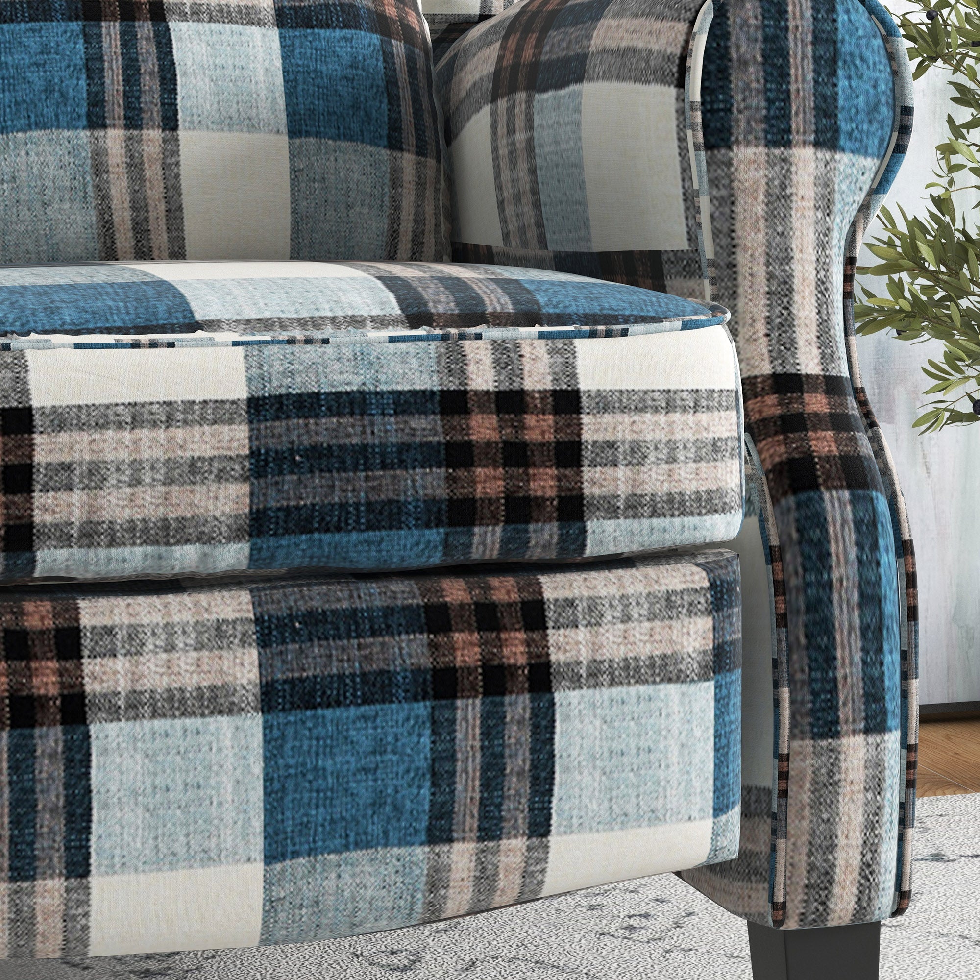 HOMCOM Wingback Reclining Armchair for Living Room, Pushback Recliner Chair with Footrest, Round Armrests and Rubber Wood Legs, Blue