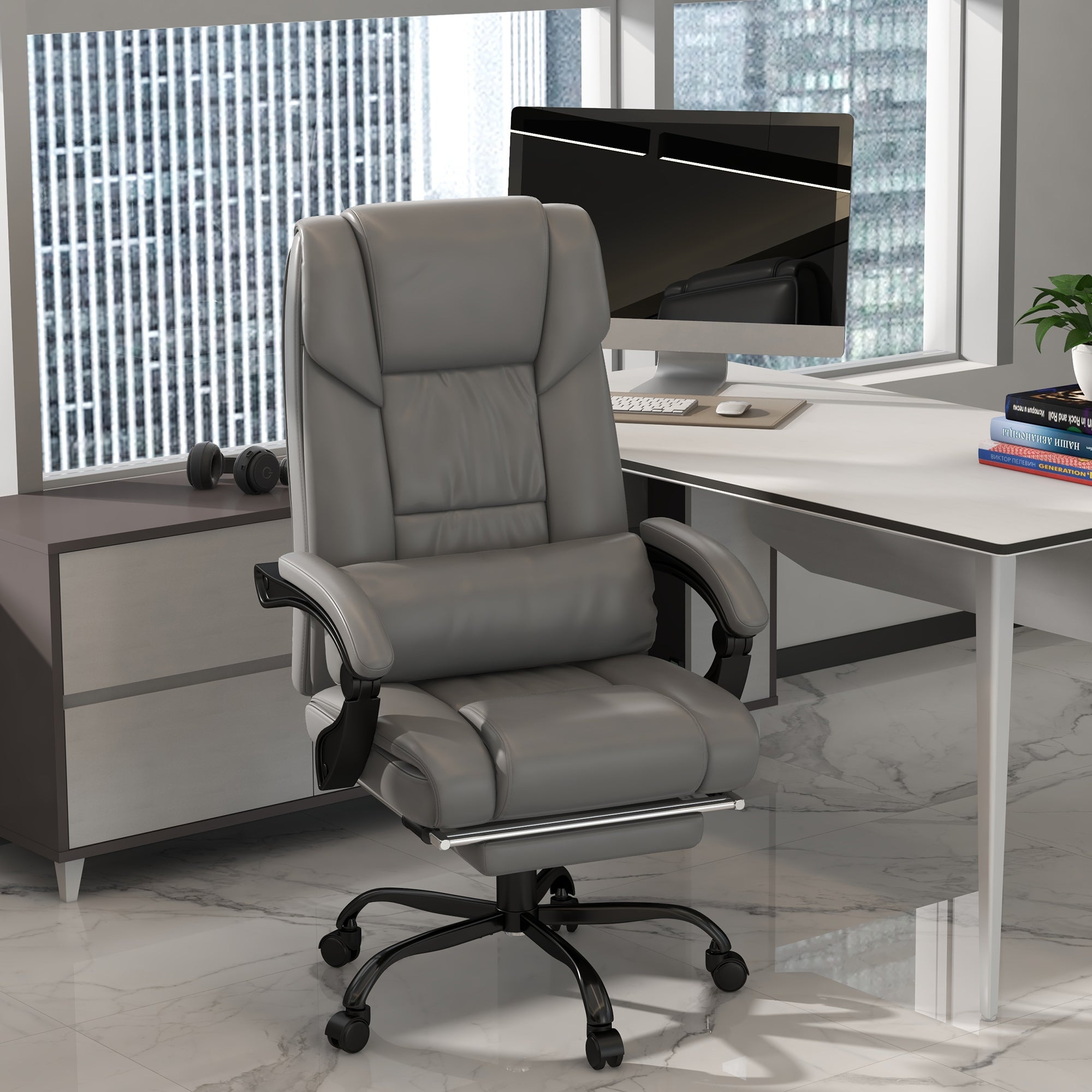 6 Vibrating Points Massage Office Chair, High Back Reclining Chair w/ Footrest, Gray