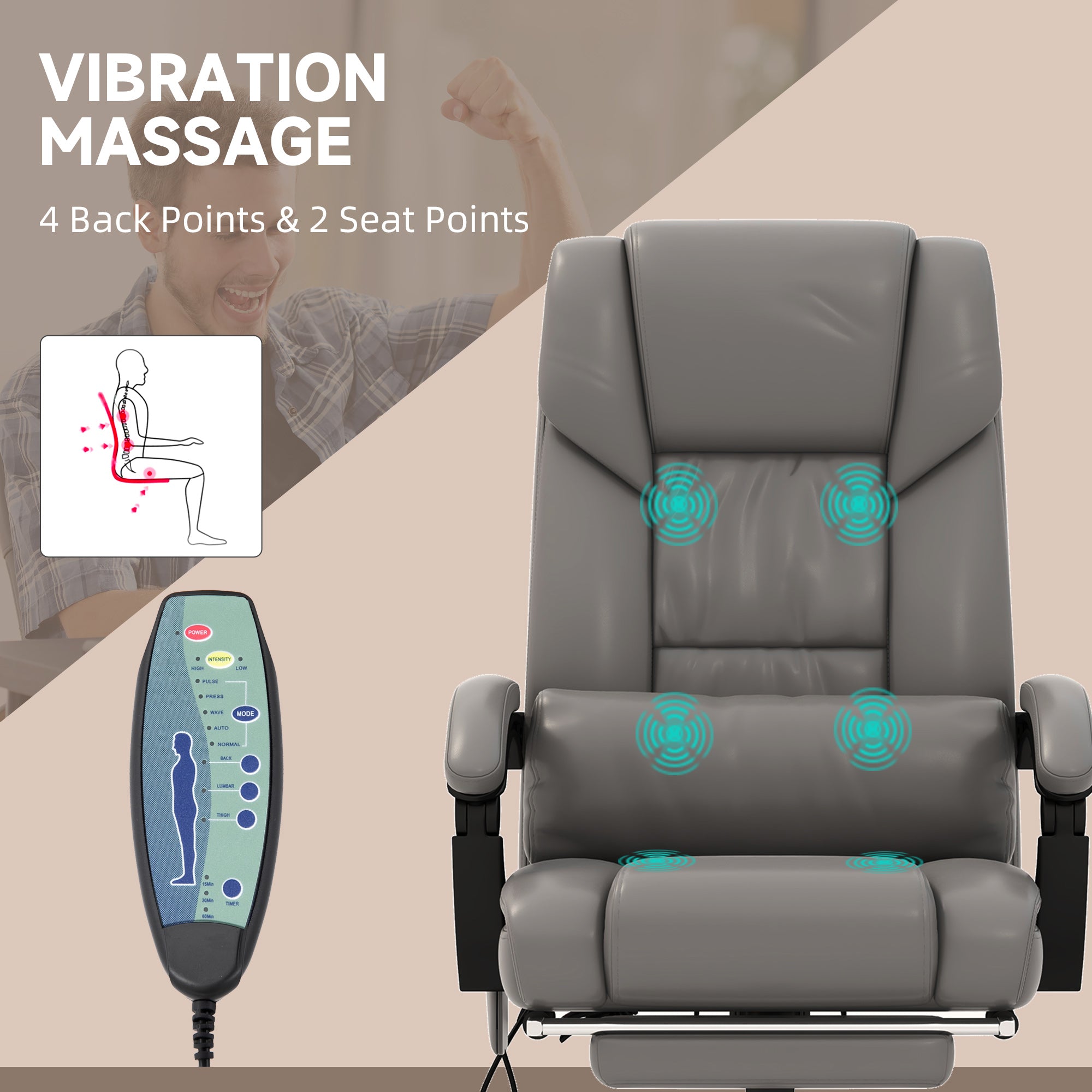 6 Vibrating Points Massage Office Chair, High Back Reclining Chair w/ Footrest, Gray