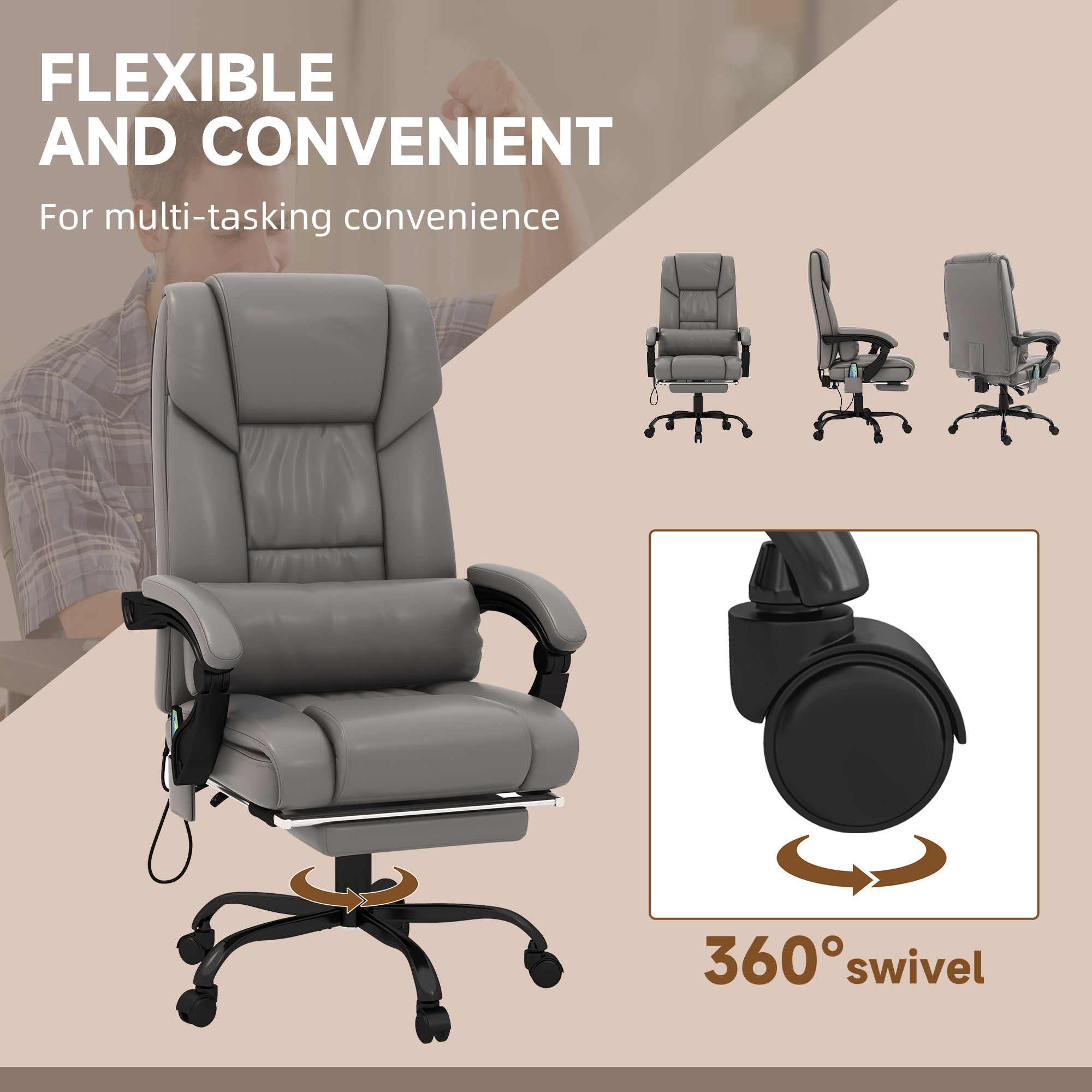 6 Vibrating Points Massage Office Chair, High Back Reclining Chair w/ Footrest, Gray