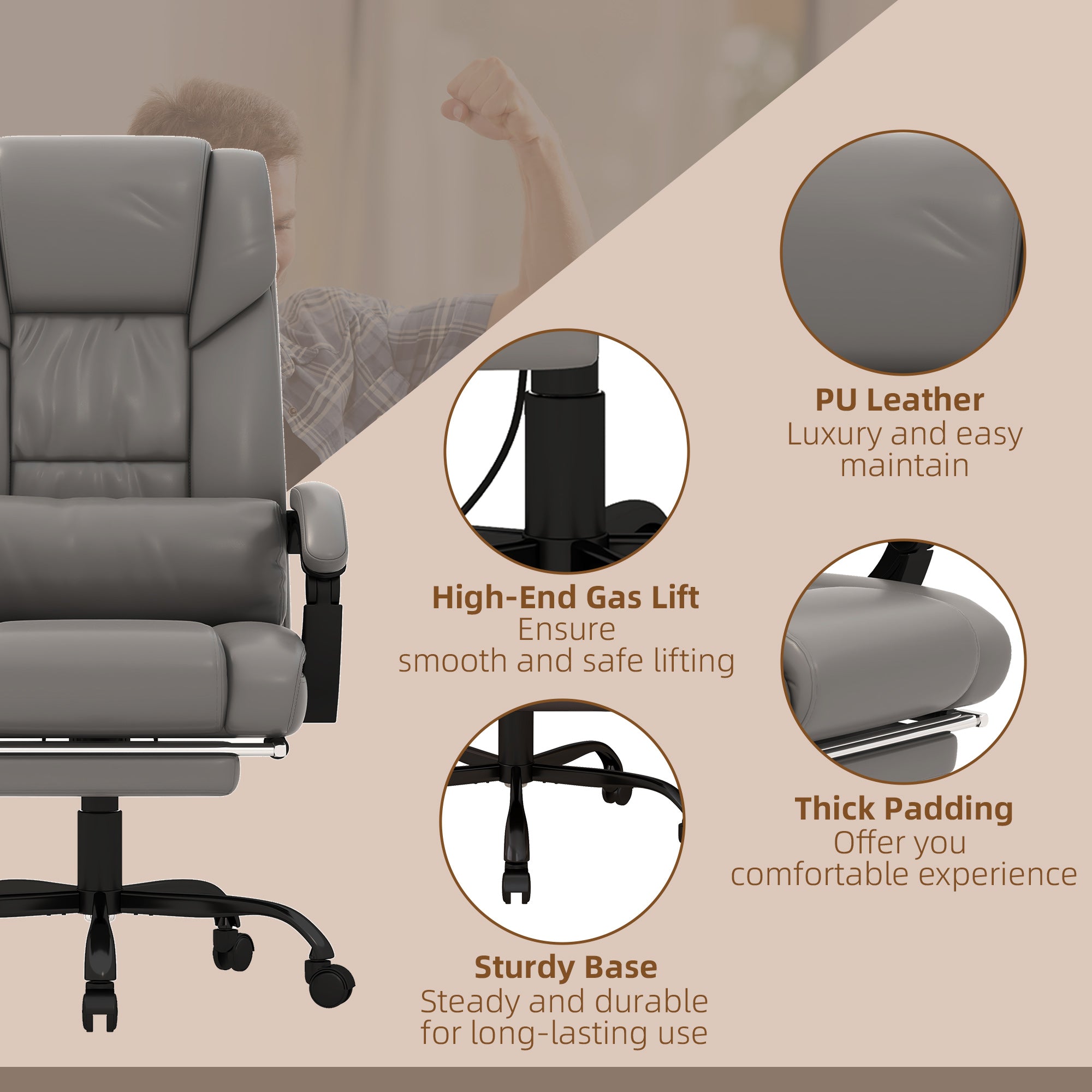 6 Vibrating Points Massage Office Chair, High Back Reclining Chair w/ Footrest, Gray