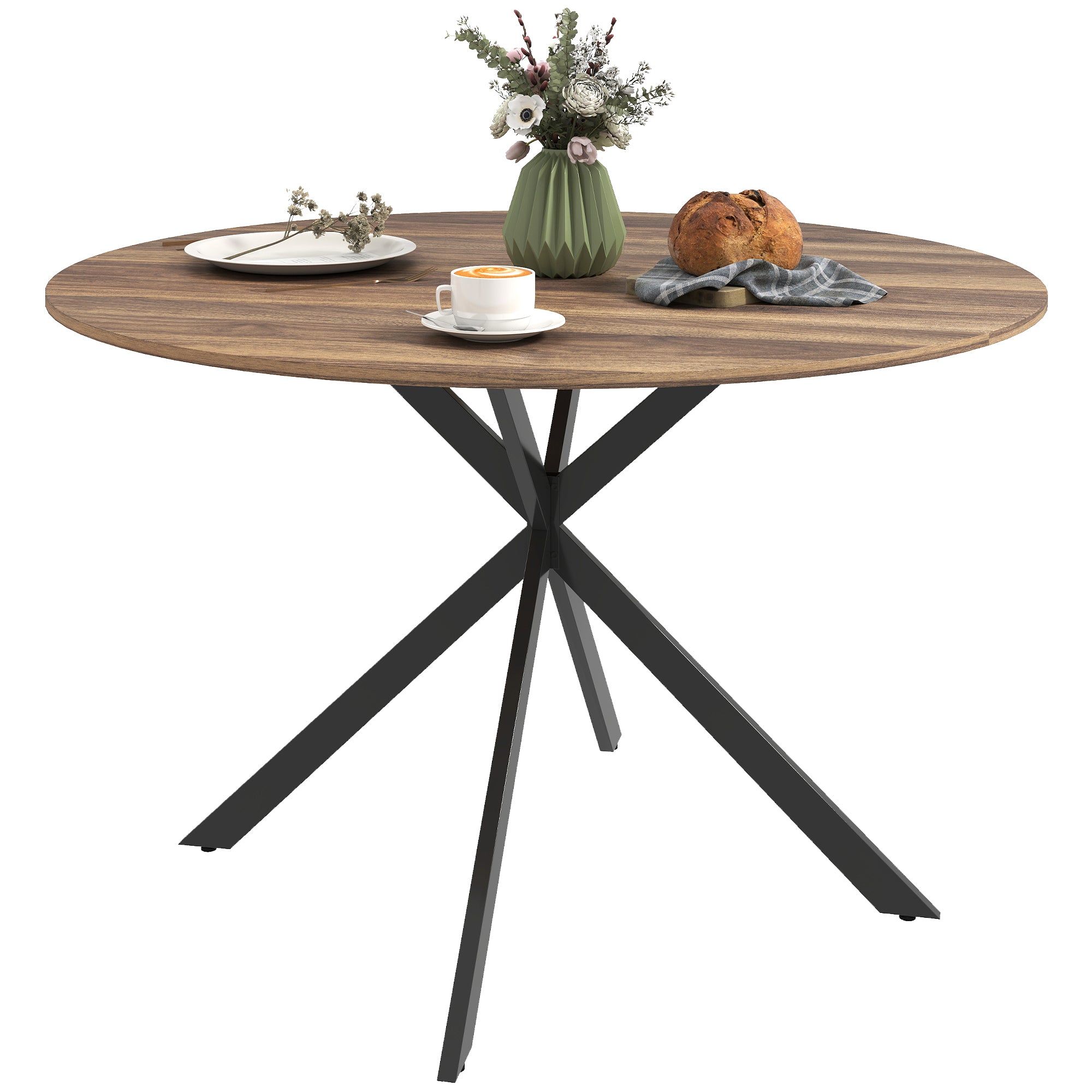Round Dining Table for 4, 47" Industrial Kitchen Table with Steel Legs for Dining Room, Dark Brown and Black