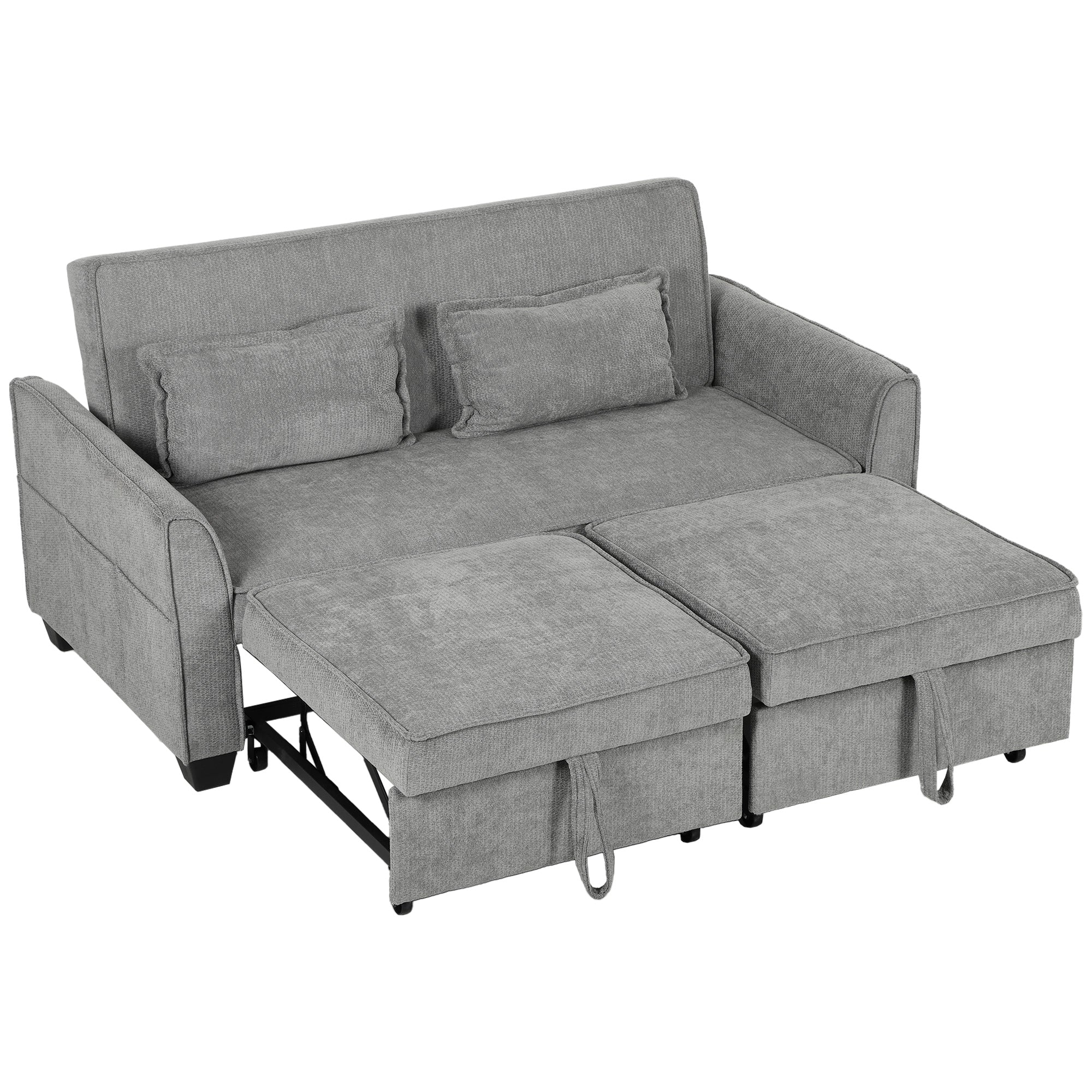2 Seater Sofa Bed, 4-in-1 L Shaped Convertible Pull Out Sleeper Sofa with Adjustable Backrest, Chenille Loveseat with 2 Pillows, Wide Deep Seat, Side Pockets for Living Room, Grey