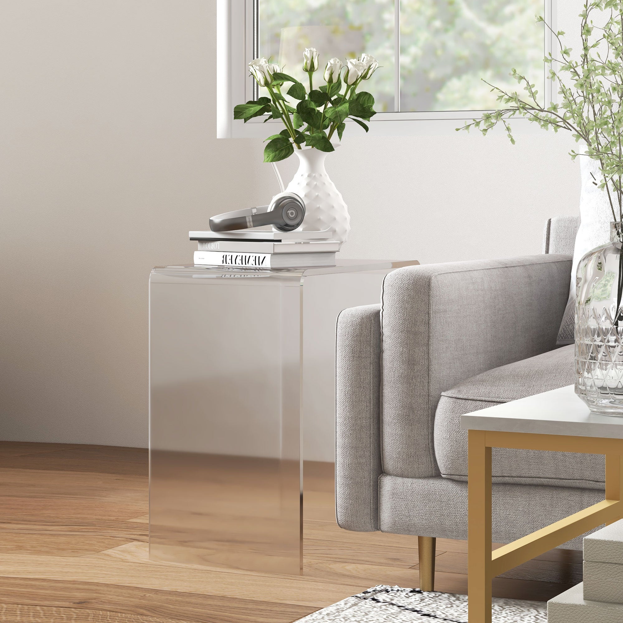 Clear Acrylic Side Table Waterfall End Table with Rounded Edges