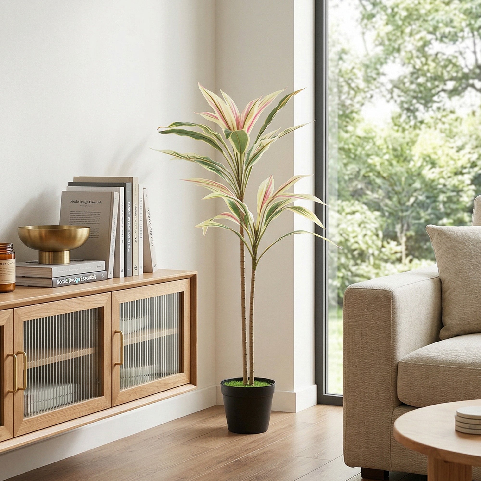 Artificial Cordyline Tree, 90 cm Fake Cordyline Tree with 29 Leaves, Realistic PEVA Faux Plant in Moss Effect Pot for Home Indoor Outdoor Decor, Yellow