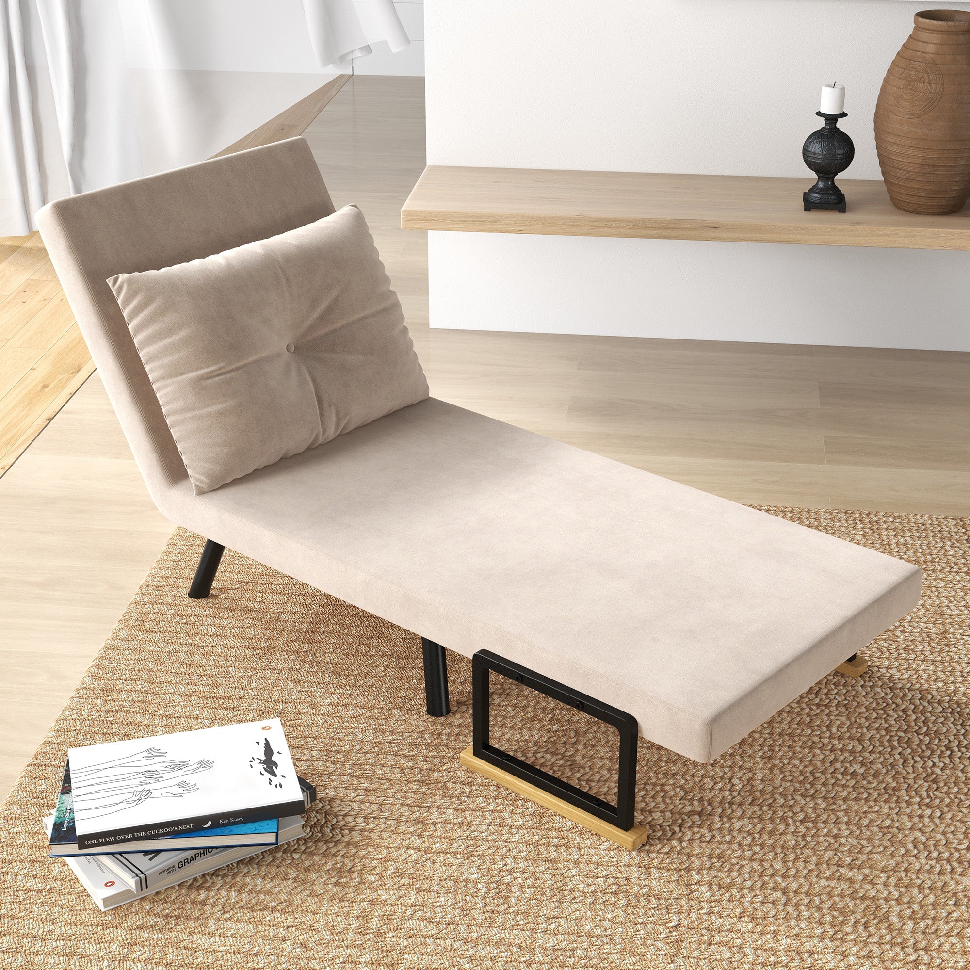 HOMCOM Single Chair Bed, Click Clack Convertible Bed Settee, Modern Velvet Feel Fabric Chair Couch with 1 Tufted Cushion, Wood Armrests, for Living Room, Bedroom, Guest Room, Beige