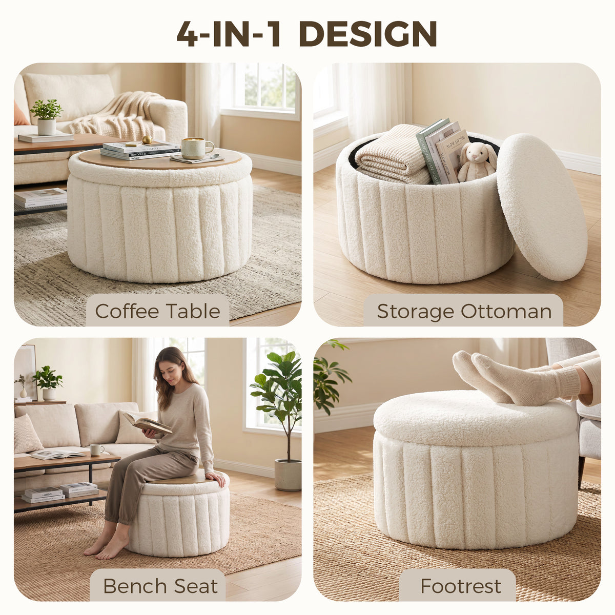 Round Coffee Table with Hidden Storage, Sherpa Fleece Center Table with Dual Reversible Lid, Upholstered Storage Ottoman for Living Room, Cream White