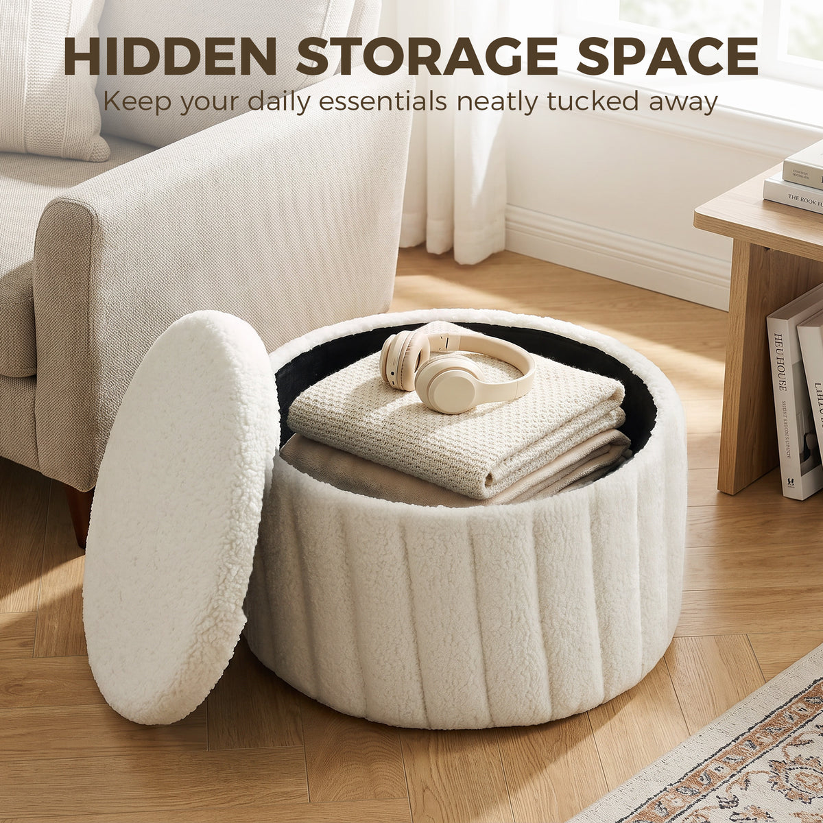Round Coffee Table with Hidden Storage, Sherpa Fleece Center Table with Dual Reversible Lid, Upholstered Storage Ottoman for Living Room, Cream White