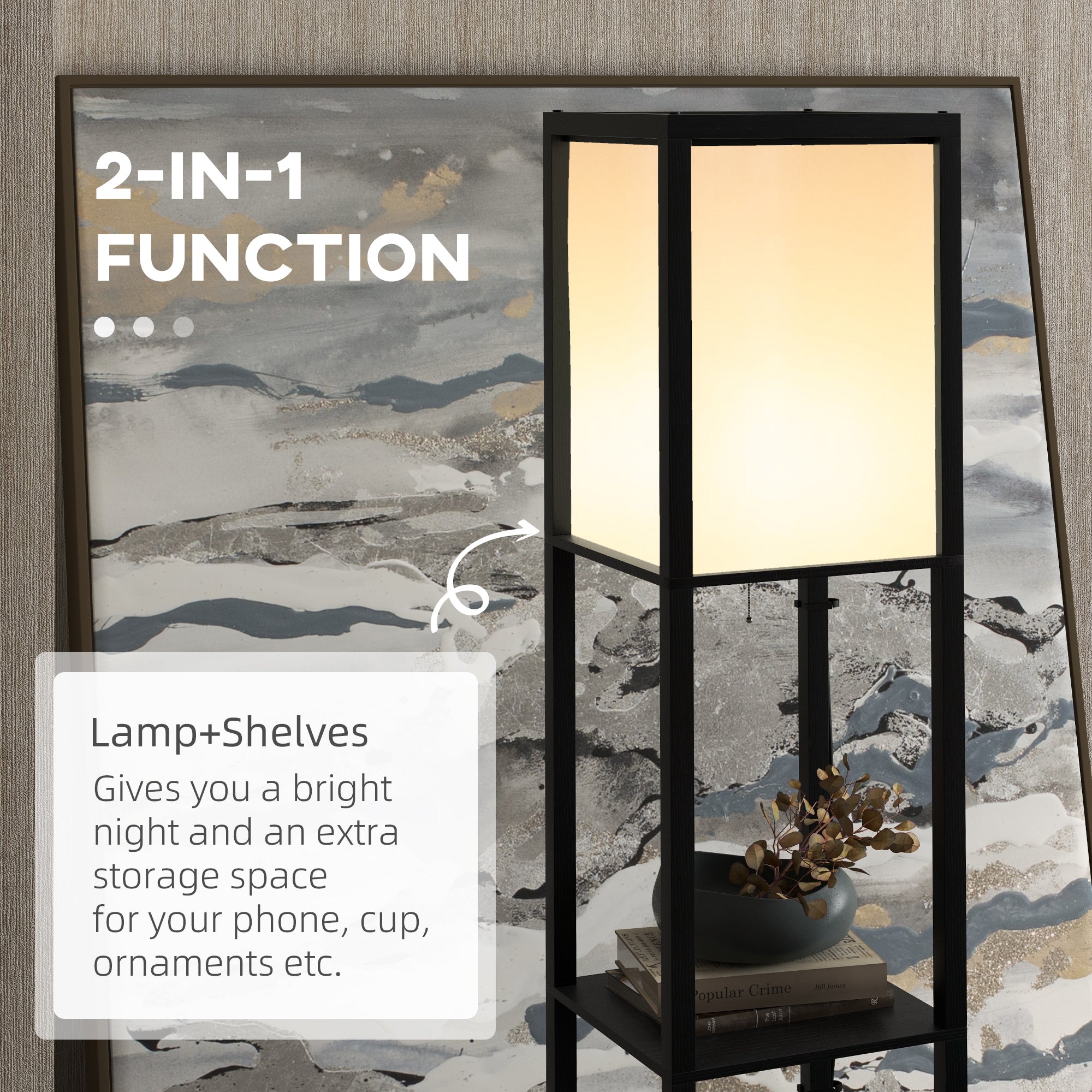 HOMCOM Floor Lamp with Shelves and Dual Light, Modern Corner Standing Lamp for Living Room, Bedroom, Bulb not Included, Black