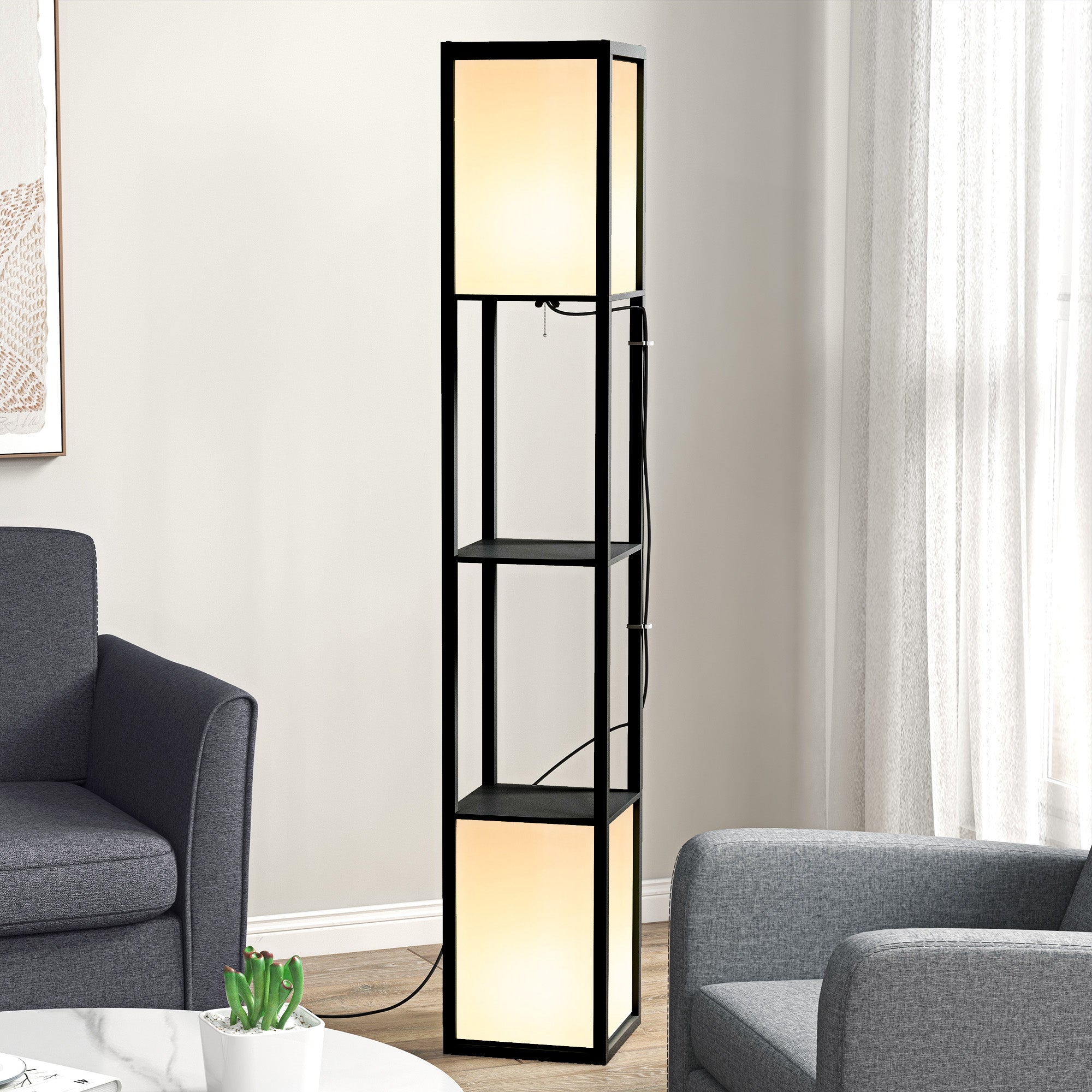 HOMCOM Floor Lamp with Shelves and Dual Light, Modern Corner Standing Lamp for Living Room, Bedroom, Bulb not Included, Black