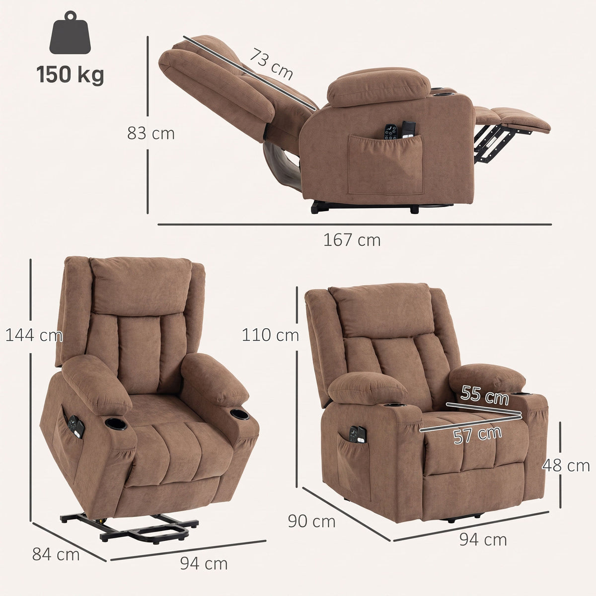 Dual Motor Recliner Chair Lift Chair for Elderly, 55° Electric Riser Recliner Armchair with Massage and Heat, Terry Cloth Power Reclining Lounge Sofa, 2 Cup Holders, Side Pockets, Brown