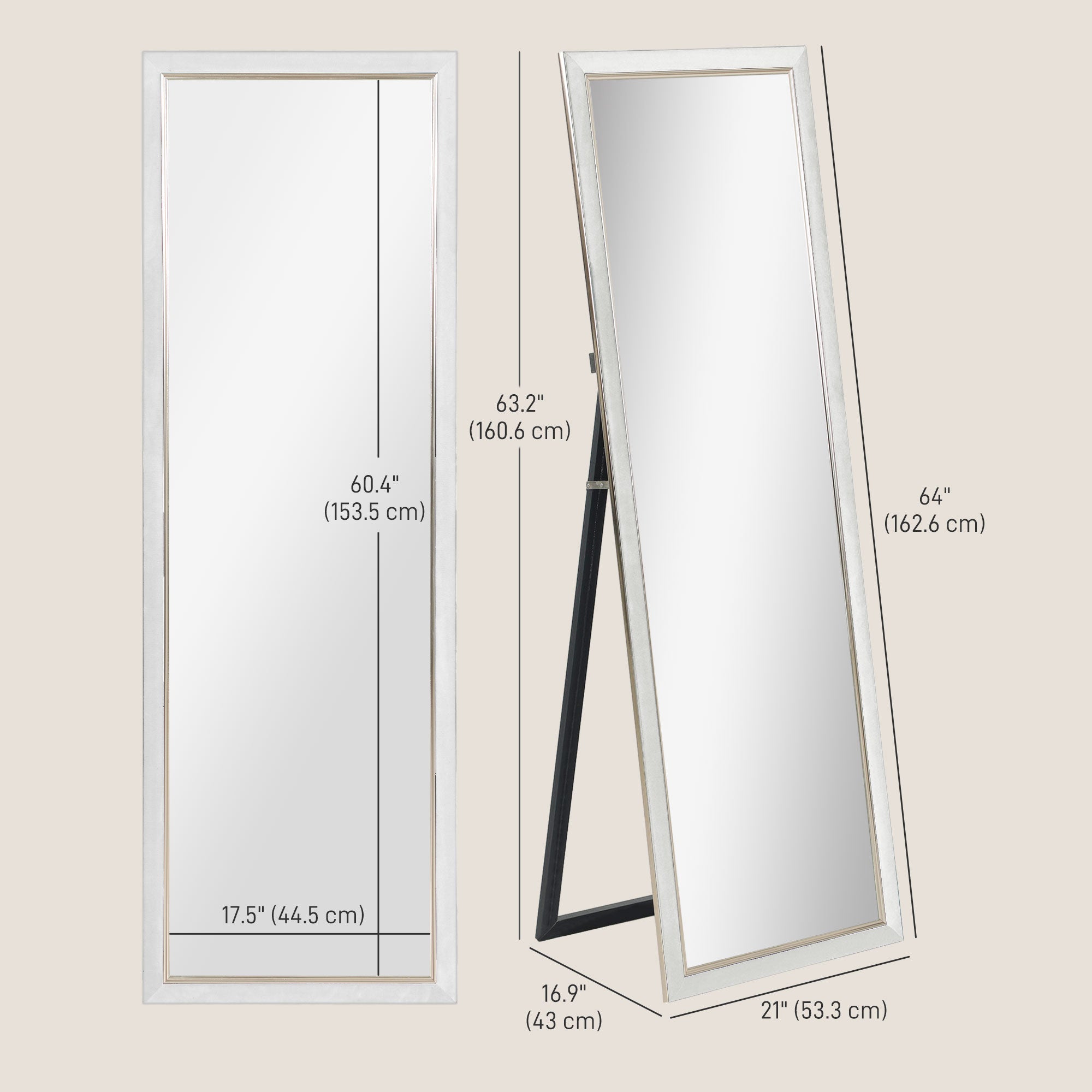 HOMCOM Full Length Mirror, 64" x 21" Full Body Mirror with Frame, Free Standing, Leaning or Wall Mirror for Living Room, Bedroom, White