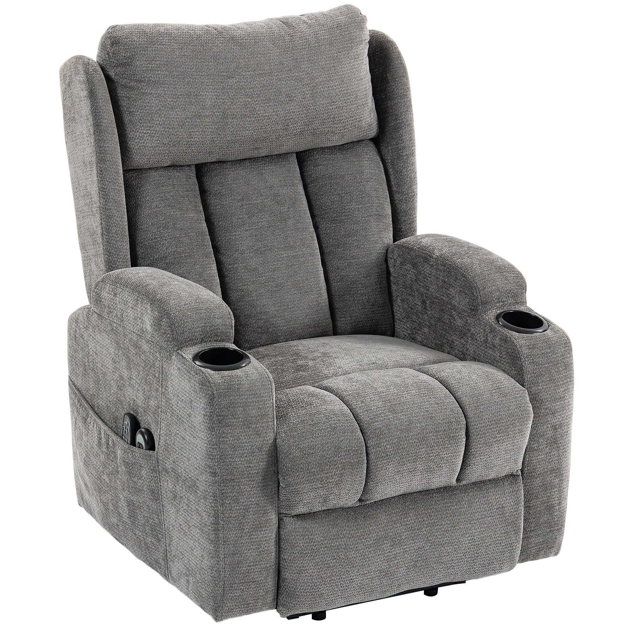Power Lift Recliner Chair with Vibration Massage and Heat, Chenille Riser and Recliner Armchair for Elderly with Folding Headrest, Spring Cushion, Wide and High Back, Cup Holders, Remote, Grey