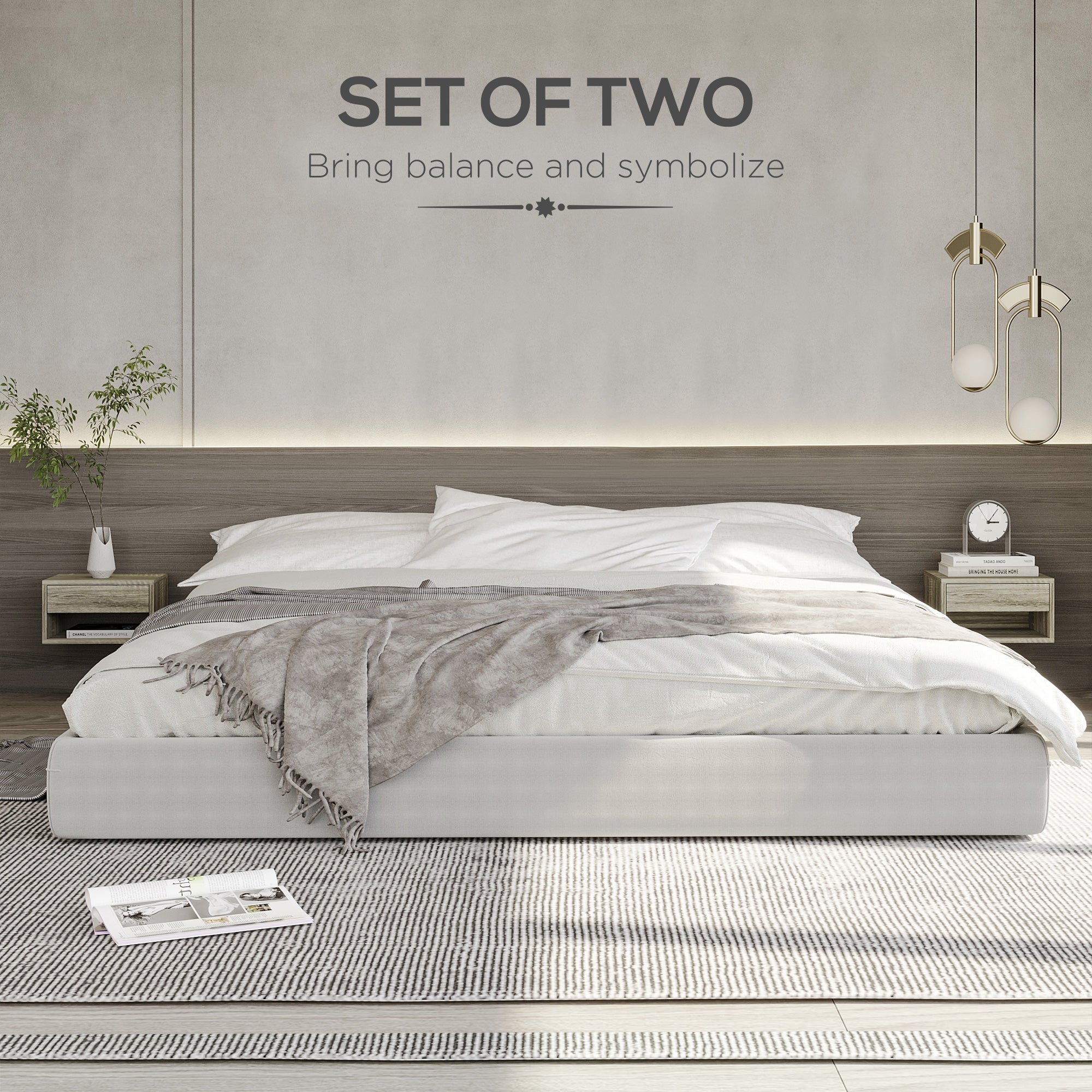 HOMCOM Floating Bedside Table Set of 2 Wall Mounted Nightstand with Storage Drawer and Open Shelf for Bedroom, Weathered Brown Wood-Effect