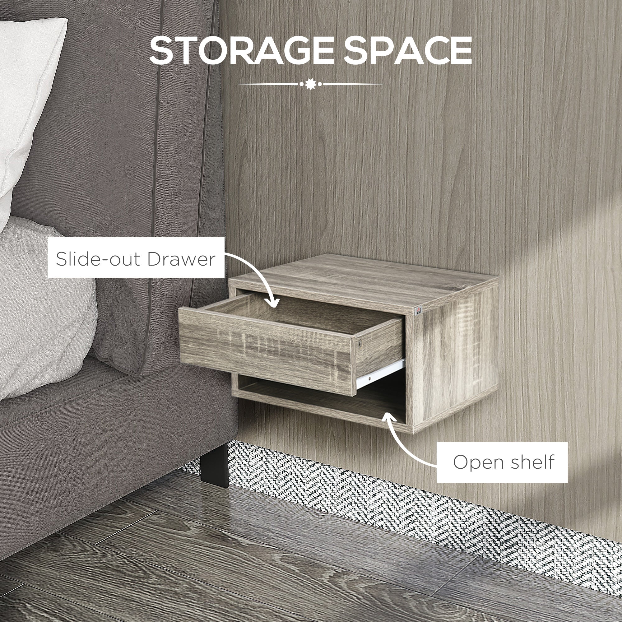 HOMCOM Floating Bedside Table Set of 2 Wall Mounted Nightstand with Storage Drawer and Open Shelf for Bedroom, Weathered Brown Wood-Effect