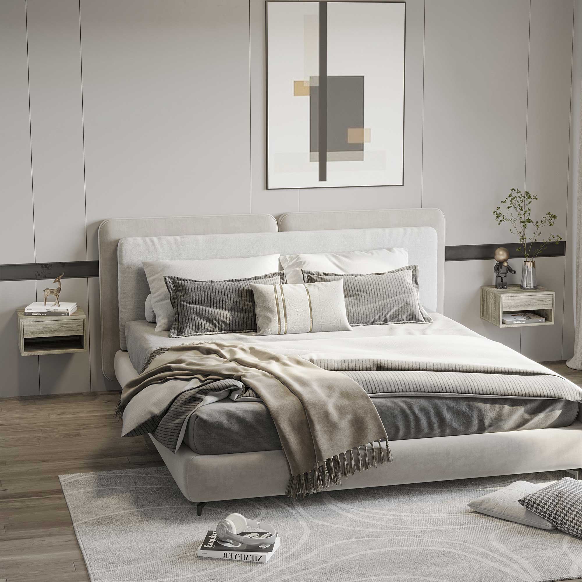 HOMCOM Floating Bedside Table Set of 2 Wall Mounted Nightstand with Storage Drawer and Open Shelf for Bedroom, Weathered Brown Wood-Effect