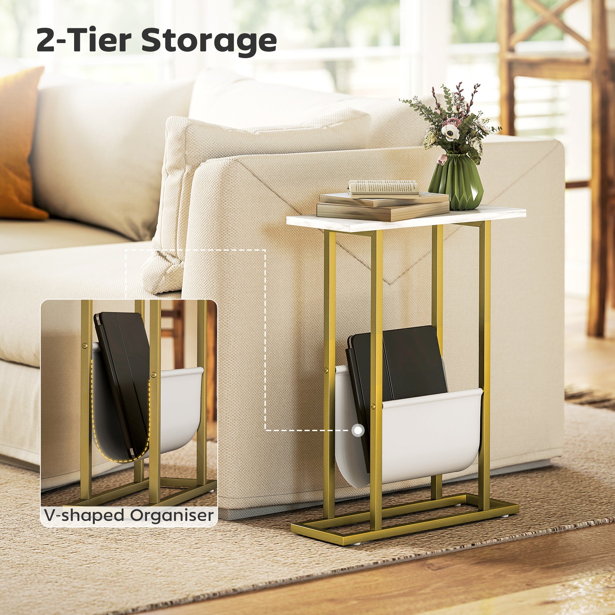 Narrow Side Table, Slim End Table with Magazine Holder, Modern Nightstand for Small Spaces, Living Room, Bedroom, 45 x 18 x 58.5 cm, White Marble Grain