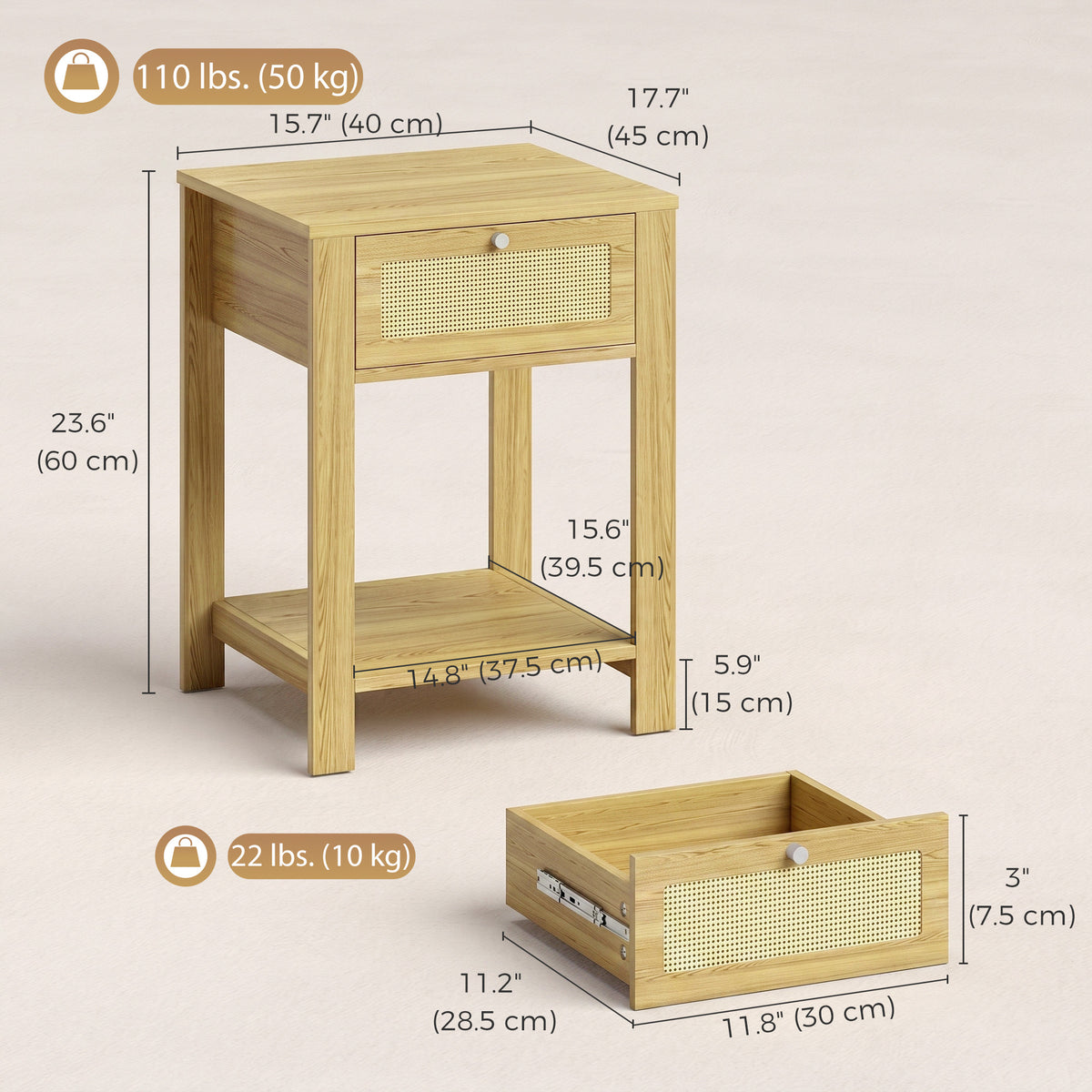 Nightstand Set of 2, Bedside Table Set with Drawer and Open Storage Shelf, Side End Table with Storage for Bedroom, Living Room, Natural Wood