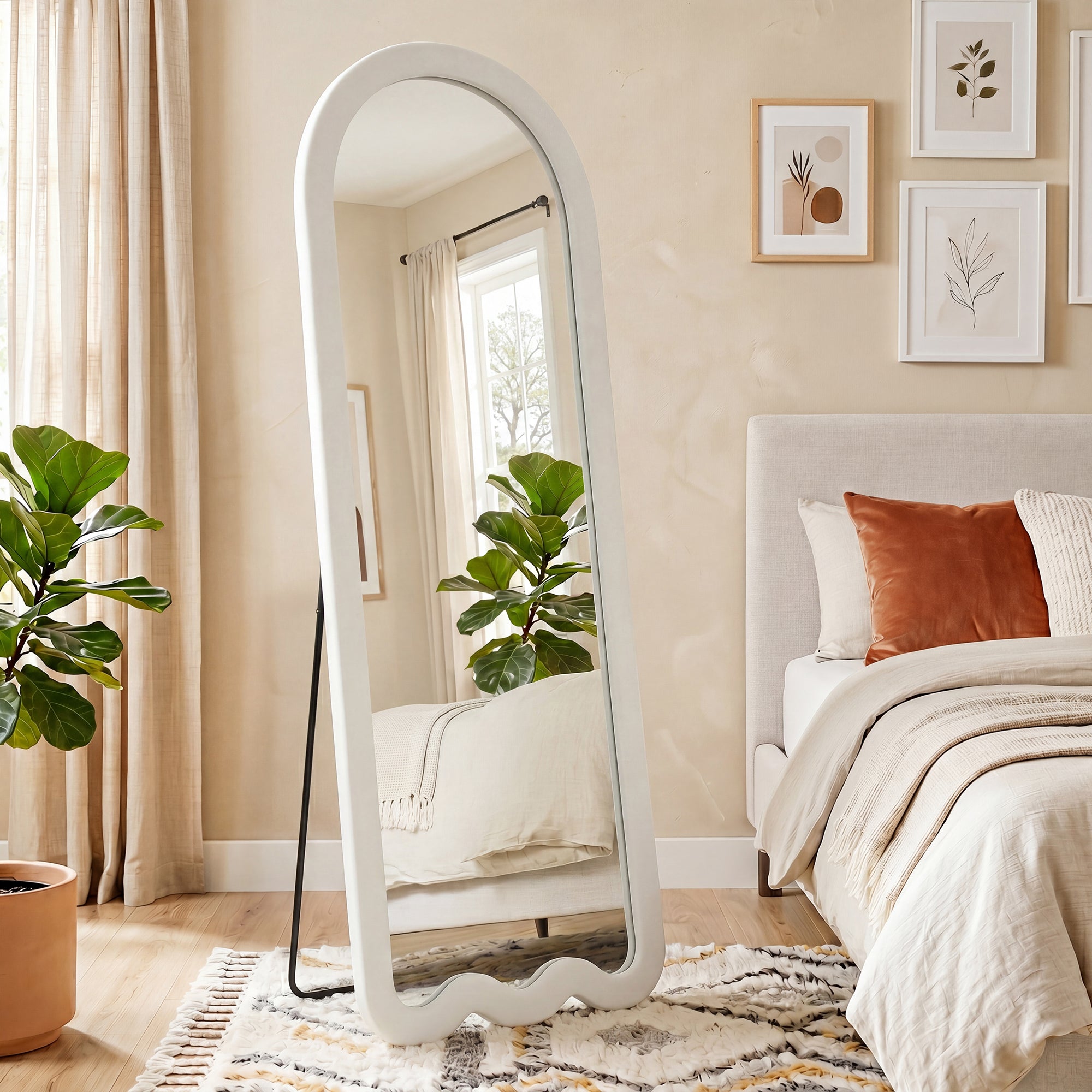 64"x 24" Full Length Mirror, Free Standing, Leaning or Wall Mounted Full Body Mirror, Soft Padded Frame and Arched Wavy Design for Bedroom, Living Room, White