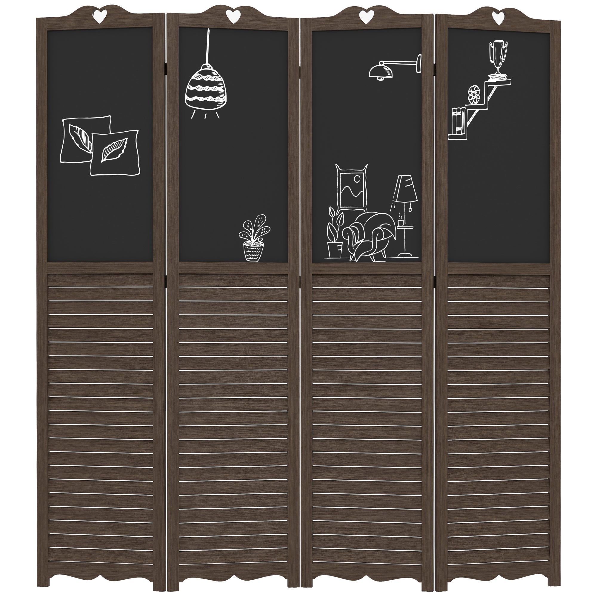 5.5' Wooden Room Divider, 4 Panel Folding Privacy Screen, Blackboard, Walnut Brown