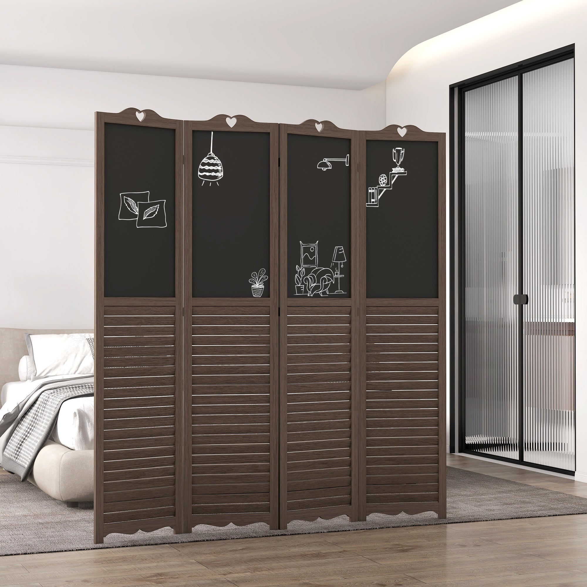 5.5' Wooden Room Divider, 4 Panel Folding Privacy Screen, Blackboard, Walnut Brown - HOMCOM