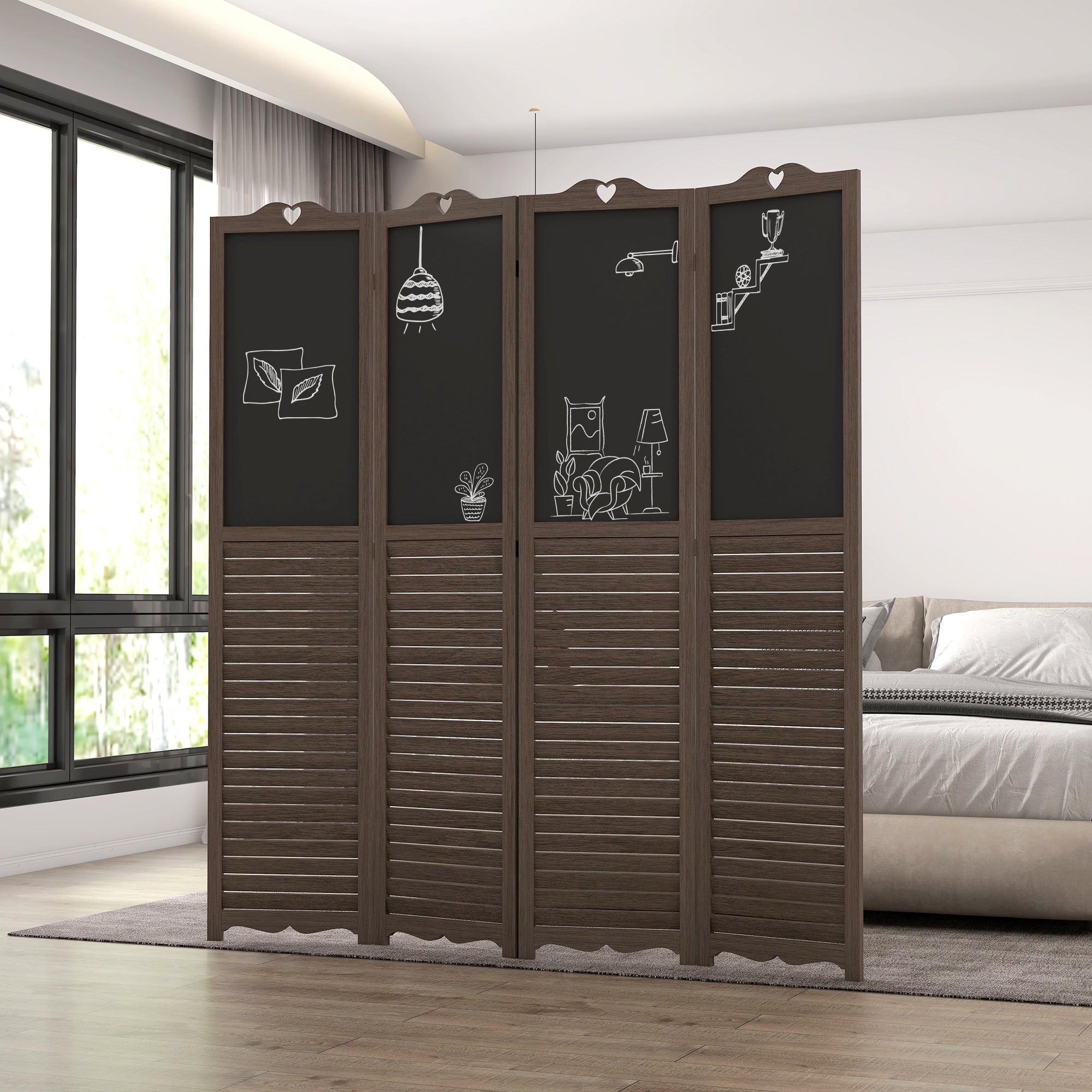 5.5' Wooden Room Divider, 4 Panel Folding Privacy Screen, Blackboard, Walnut Brown - HOMCOM