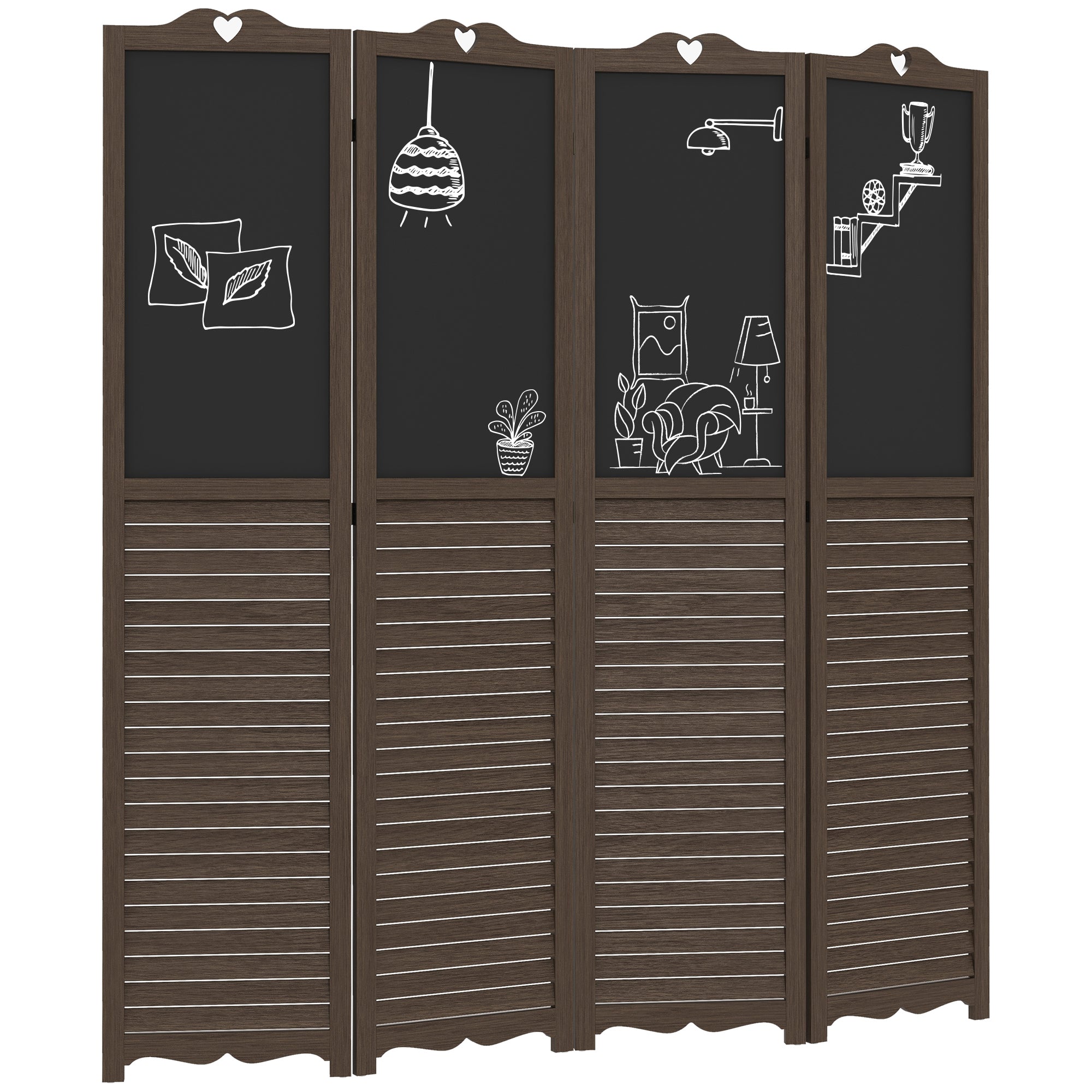 5.5' Wooden Room Divider, 4 Panel Folding Privacy Screen, Blackboard, Walnut Brown
