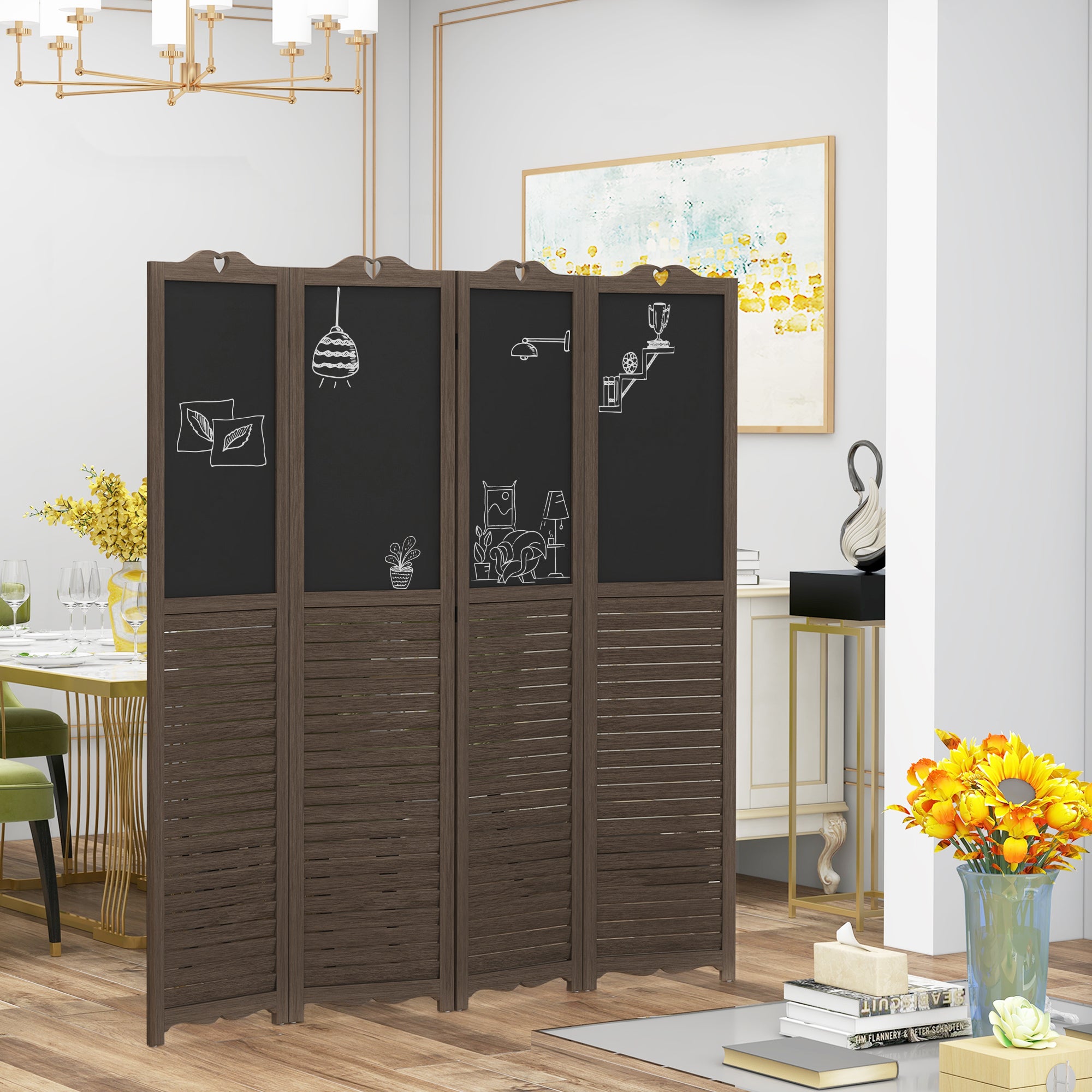 5.5' Wooden Room Divider, 4 Panel Folding Privacy Screen, Blackboard, Walnut Brown - HOMCOM
