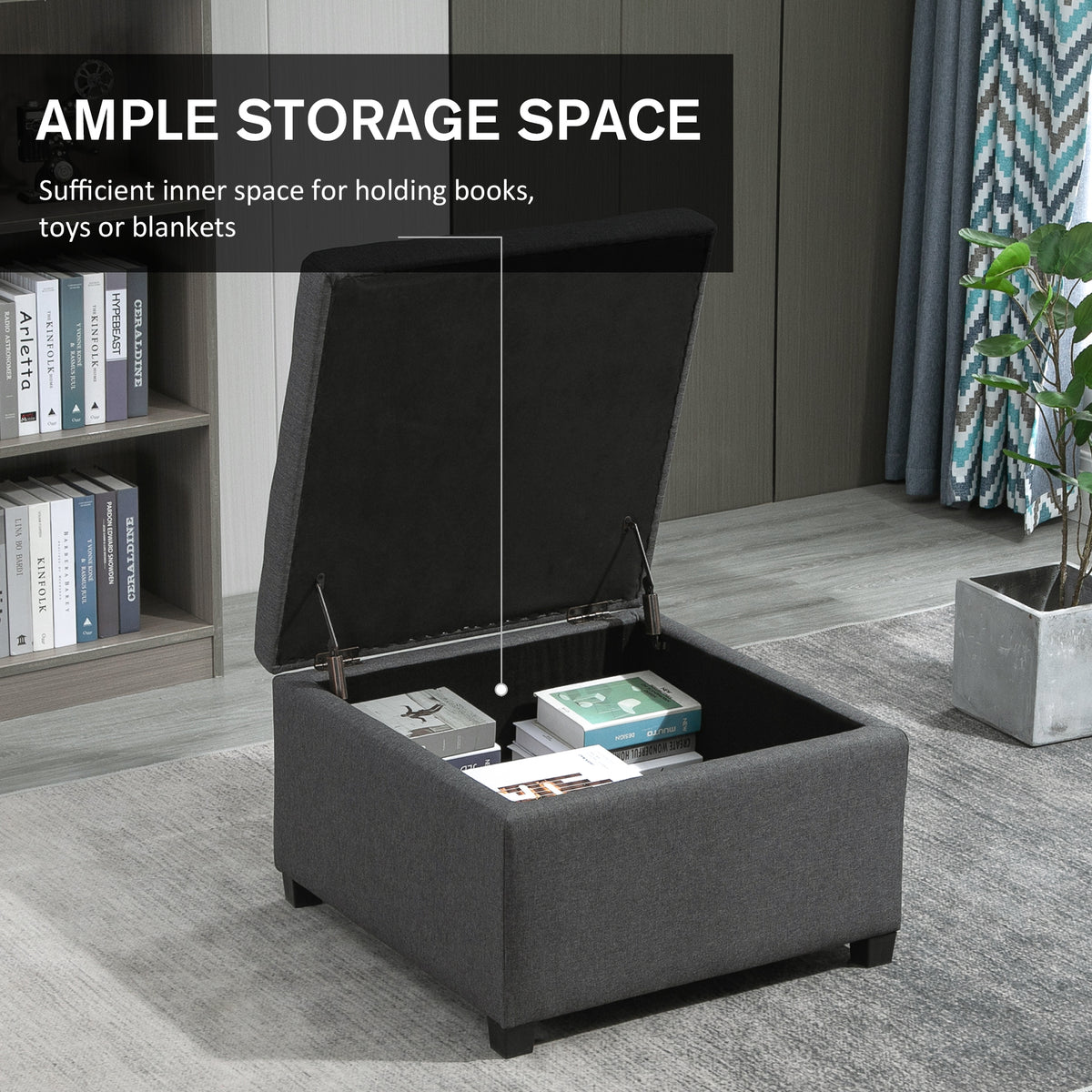 Linen-touch Tufted Storage Ottoman Upholstered Accent Bench Seat Cube Storage Box Footrest Stool, Dark Grey