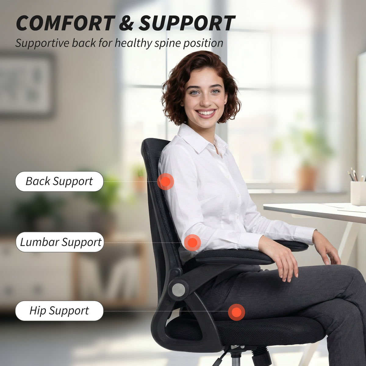 Ergonomic Office Chair, Mesh Desk Chair with Flip-up Armrests, Backrest, Lumbar Support, Adjustable Height, Swivel Wheels, Black