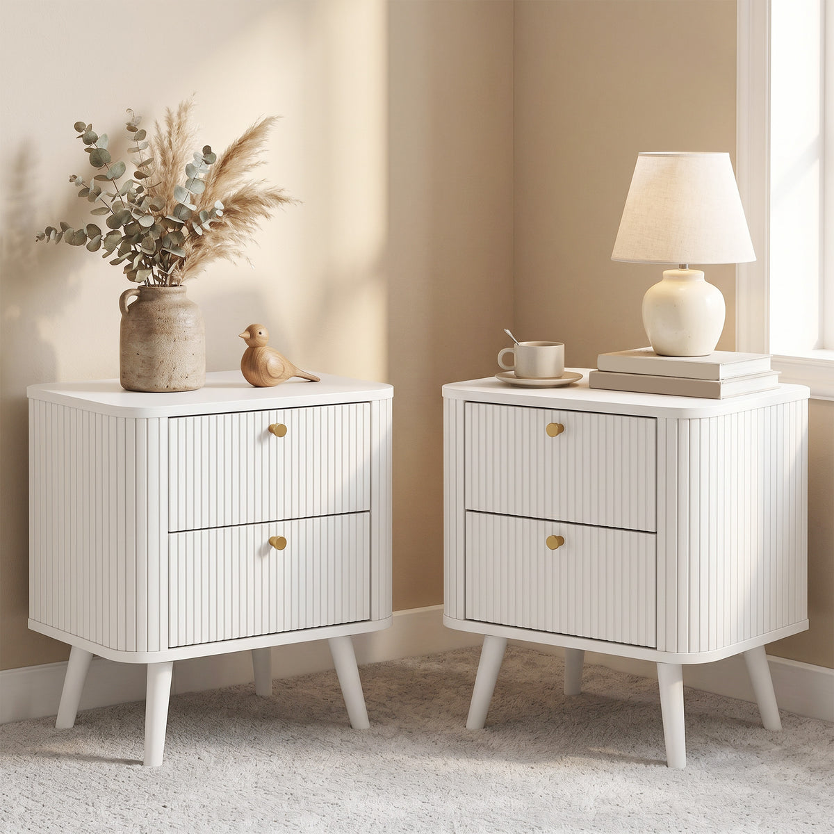 Modern Nightstand Set of 2, Bedside Table with 2 Drawers, Side End Table for Bedroom, Living Room, White Wood Grain