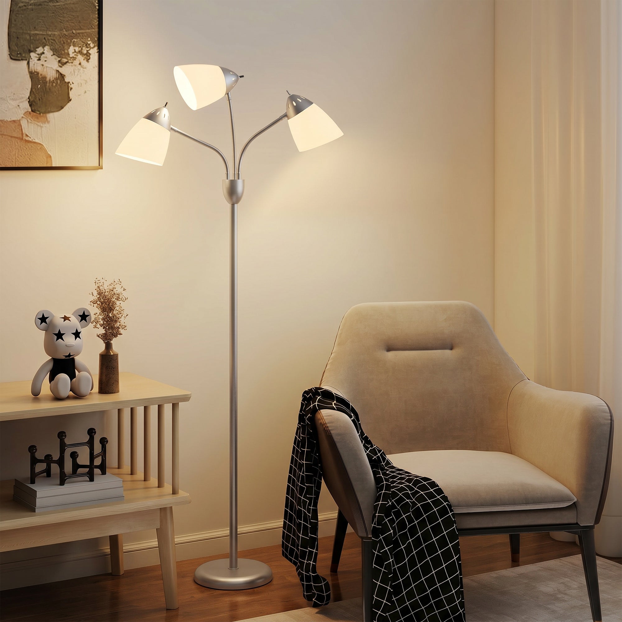 Arc Tree Floor Lamp with 3 Adjustable Rotating Lights and 3000K/4500K/6500K Colour Temperatures, Industrial Standing Lamp with Steel Frame for Bedroom Living Room, 155cm, Silver Tone