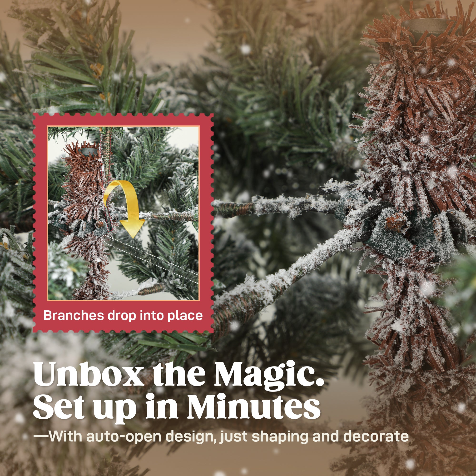 6ft Artificial Christmas Tree, Snow Flocked Christmas Tree with Realistic Dense Branches, Hinged Design, Metal Stand, Wide Shape, Easy Assembly, Xmas Home Decoration, Green White