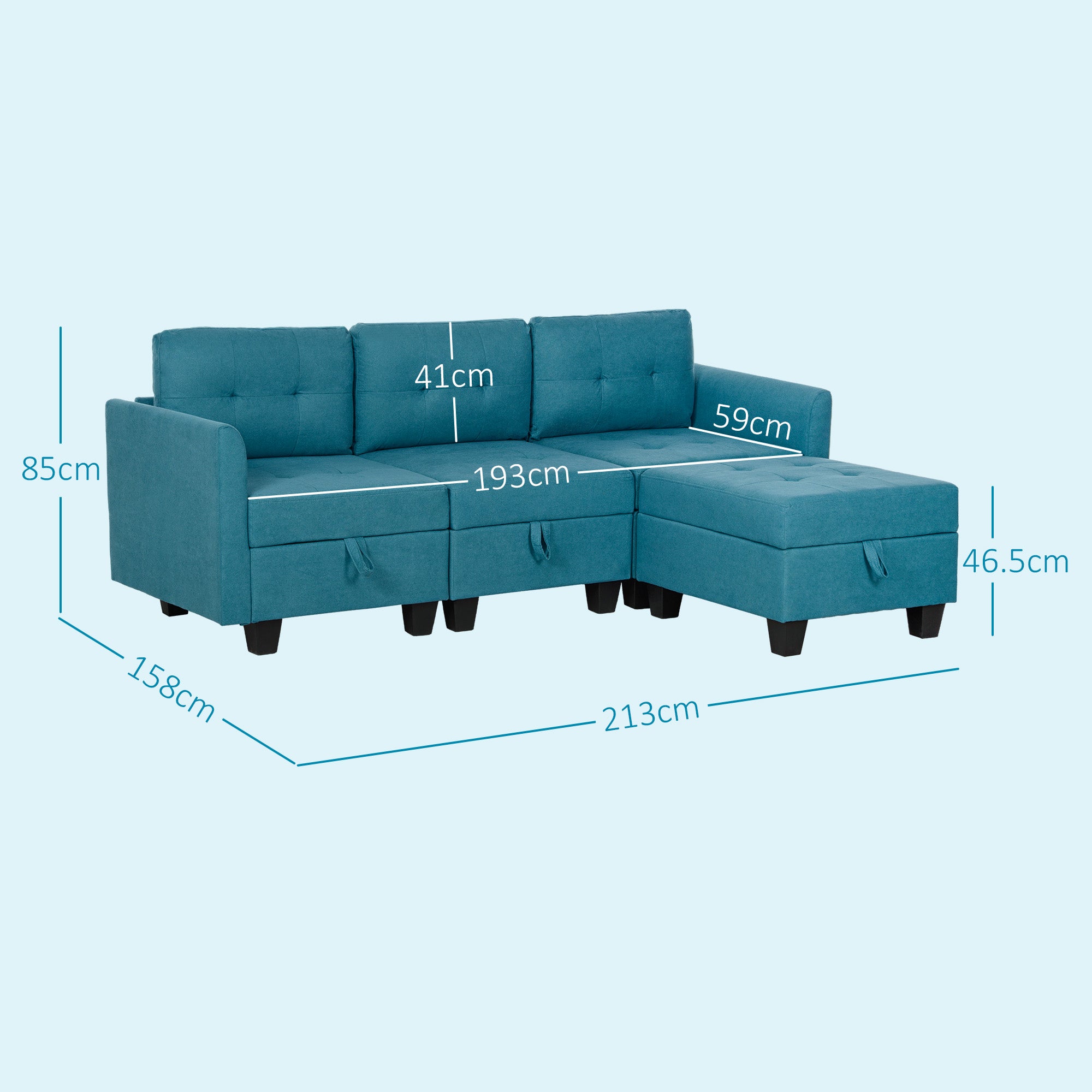 HOMCOM Convertible Modular Sectional Sofa with Storage, Tufted 3 Seater Sofa Set, L Shaped Sofa Couch with Ottoman, Wood Frame for Living Room, Light Blue