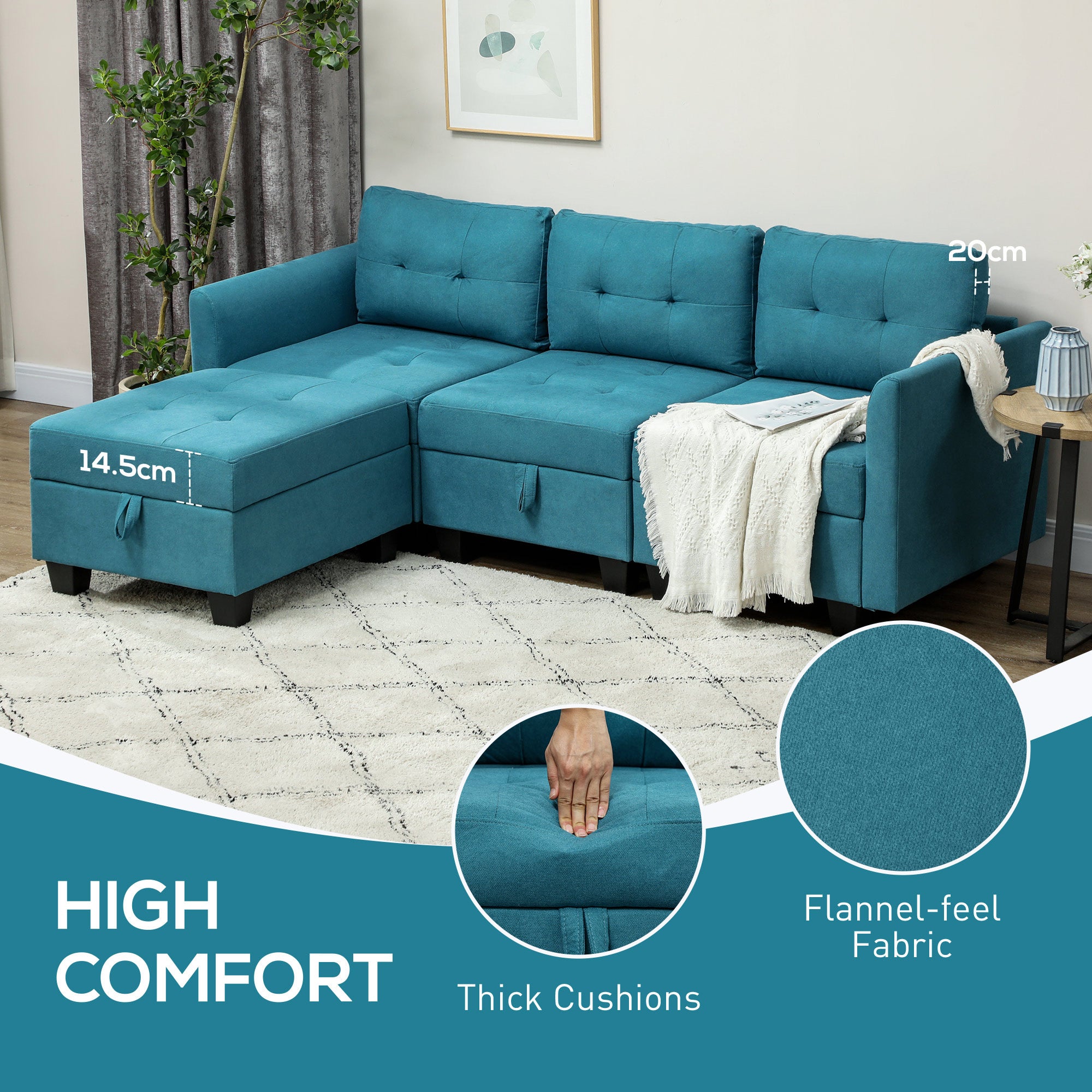HOMCOM Convertible Modular Sectional Sofa with Storage, Tufted 3 Seater Sofa Set, L Shaped Sofa Couch with Ottoman, Wood Frame for Living Room, Light Blue