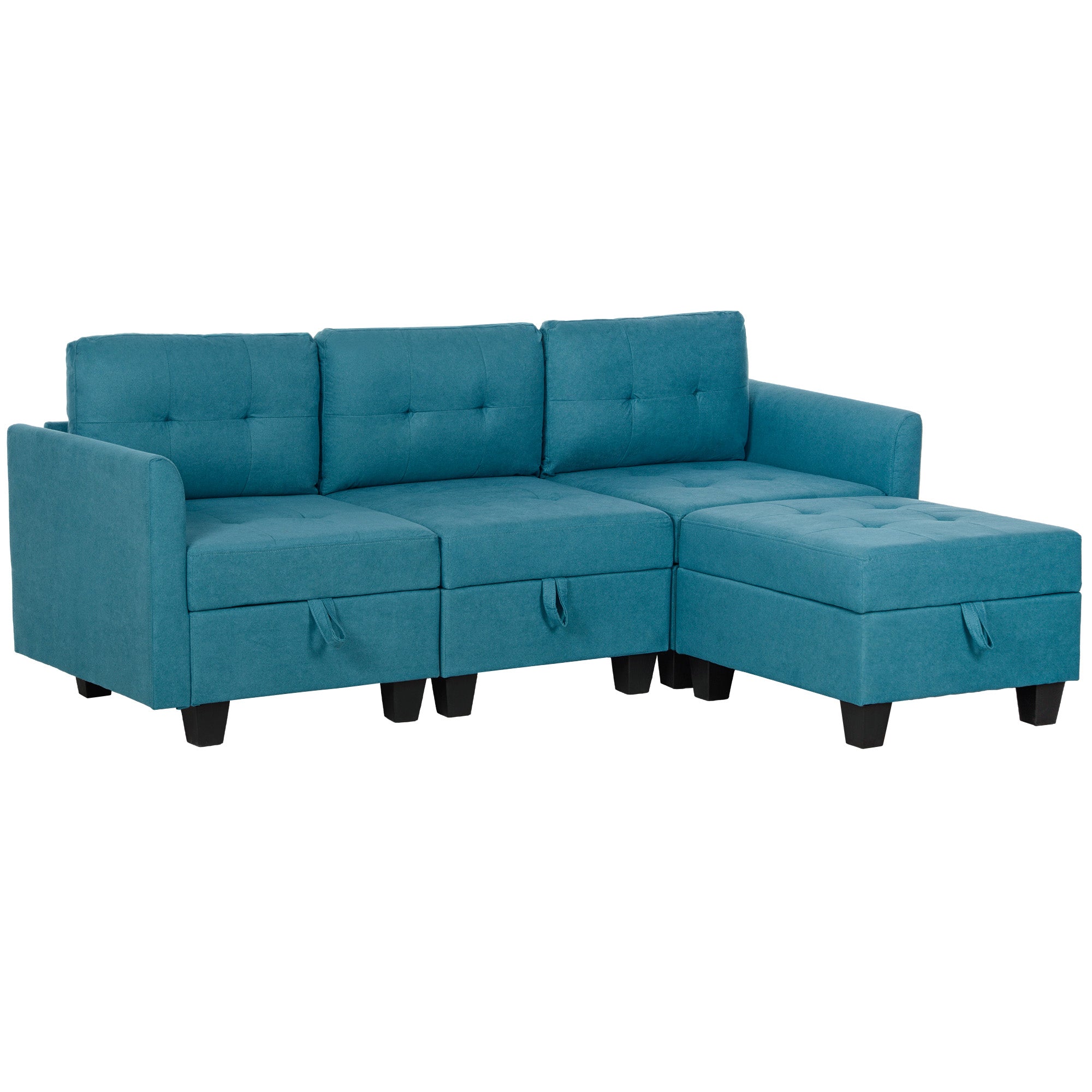 HOMCOM Convertible Modular Sectional Sofa with Storage, Tufted 3 Seater Sofa Set, L Shaped Sofa Couch with Ottoman, Wood Frame for Living Room, Light Blue