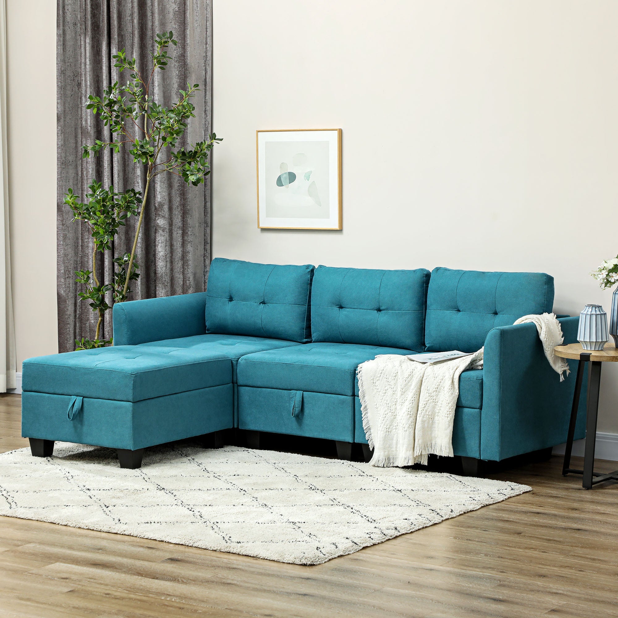 HOMCOM Convertible Modular Sectional Sofa with Storage, Tufted 3 Seater Sofa Set, L Shaped Sofa Couch with Ottoman, Wood Frame for Living Room, Light Blue