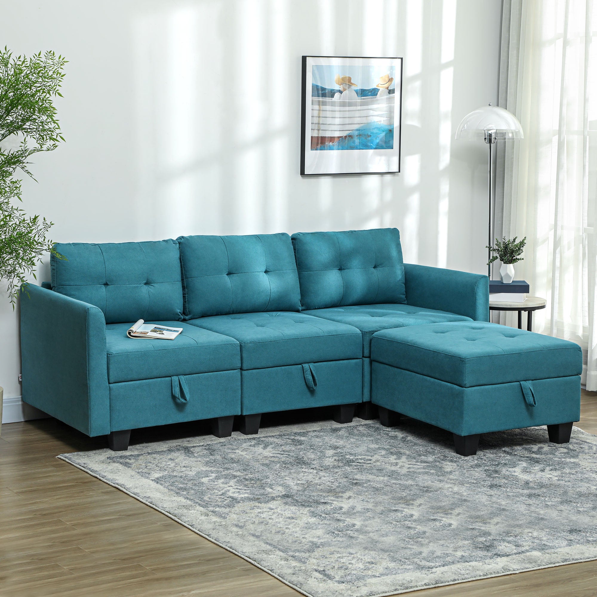 HOMCOM Convertible Modular Sectional Sofa with Storage, Tufted 3 Seater Sofa Set, L Shaped Sofa Couch with Ottoman, Wood Frame for Living Room, Light Blue