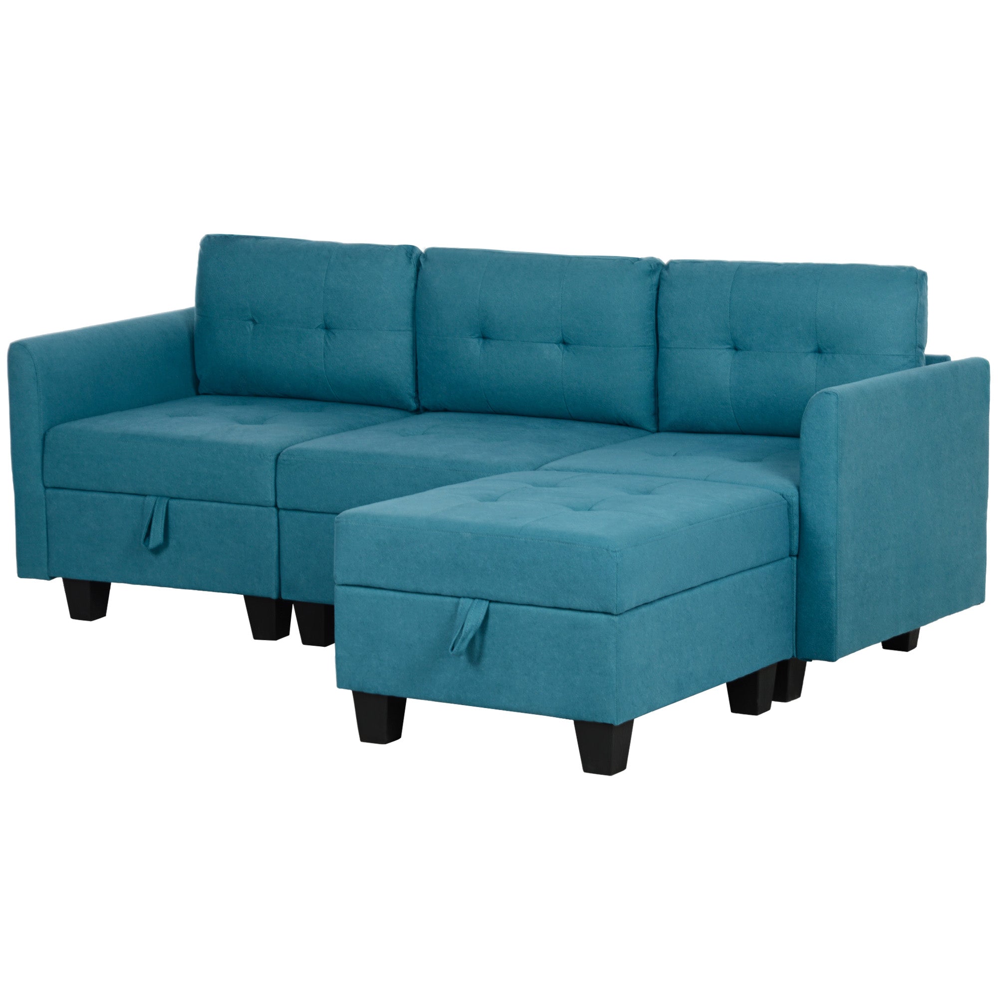 HOMCOM Convertible Modular Sectional Sofa with Storage, Tufted 3 Seater Sofa Set, L Shaped Sofa Couch with Ottoman, Wood Frame for Living Room, Light Blue