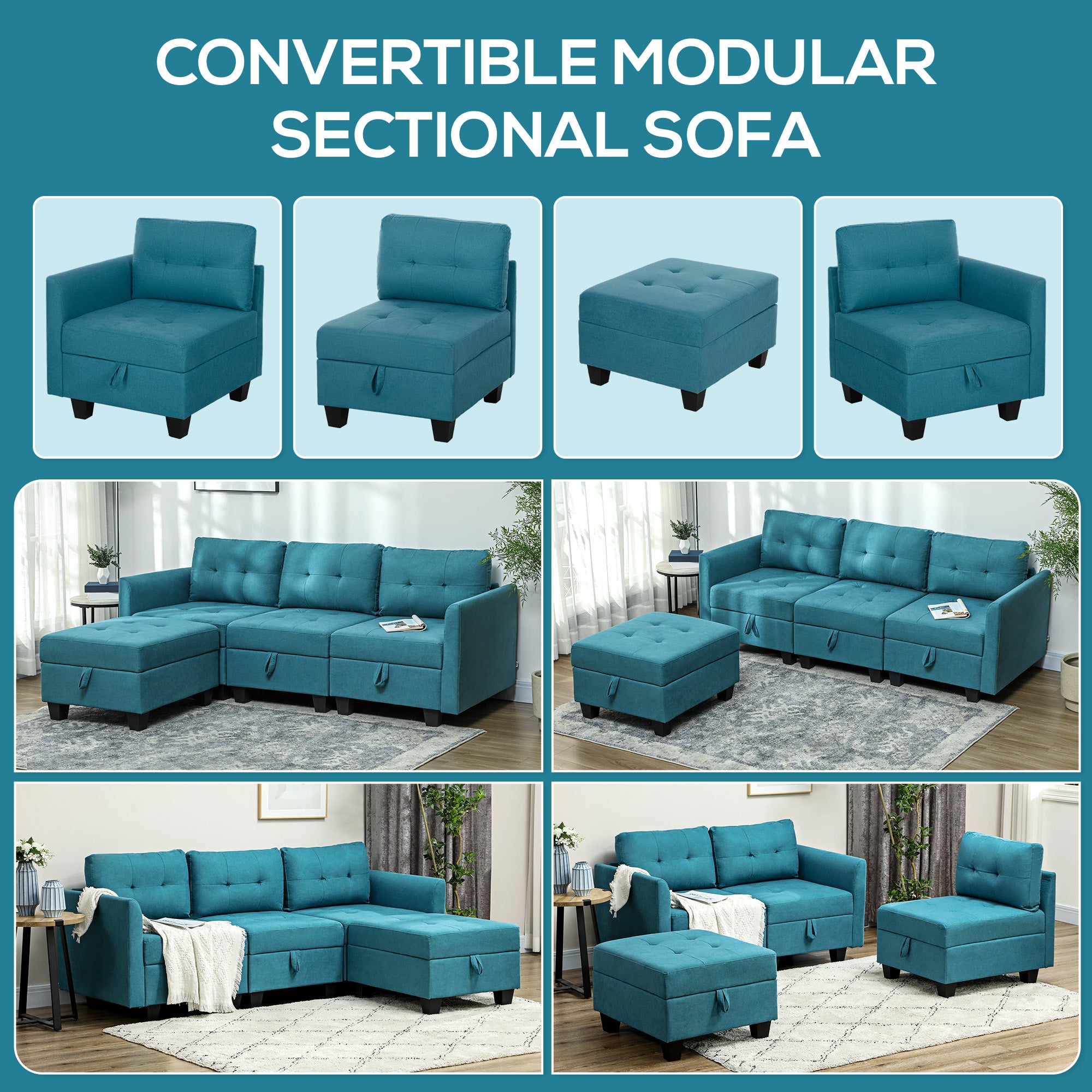 HOMCOM Convertible Modular Sectional Sofa with Storage, Tufted 3 Seater Sofa Set, L Shaped Sofa Couch with Ottoman, Wood Frame for Living Room, Light Blue