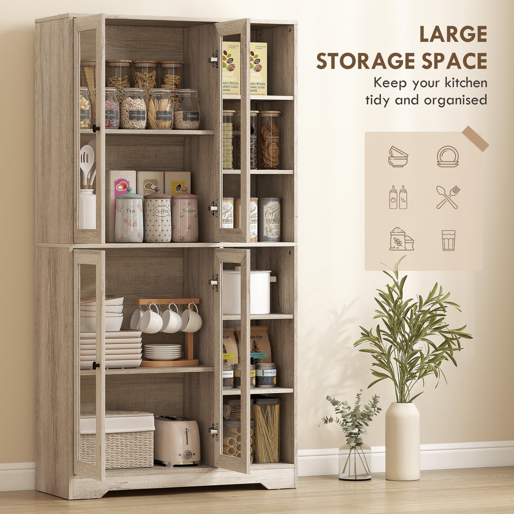 172 cm Tall Kitchen Cupboard, Pantry Storage Cabinet with Tempered Glass Doors and Soft-Close Hinges, Freestanding Kitchen Cabinet with Adjustable Shelves and 6 Open Shelves, Light Grey