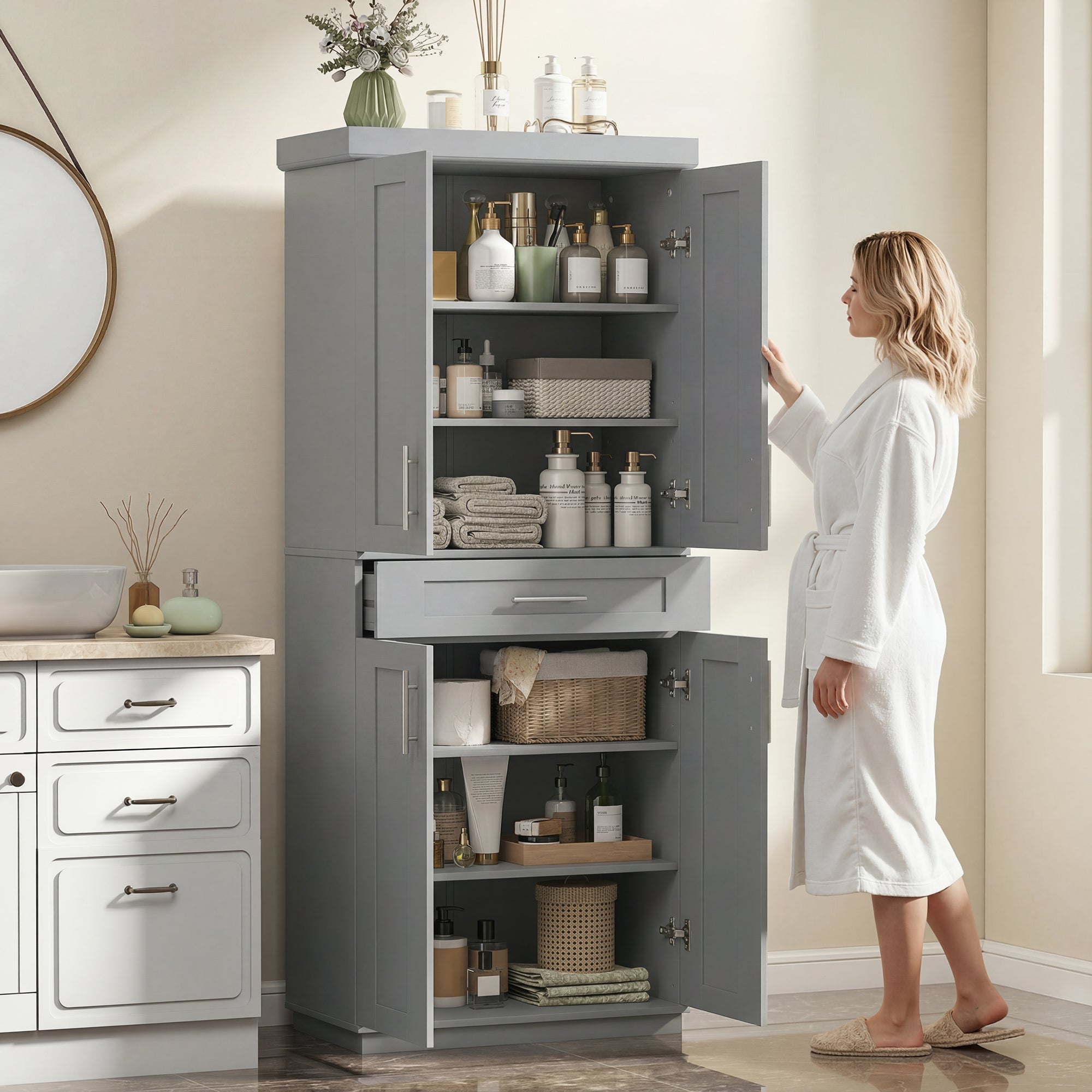 72" Kitchen Pantry Cabinet, Freestanding Tall Storage Cabinet with 4 Doors, Drawer and 3 Adjustable Shelves for Dining Room, Gray